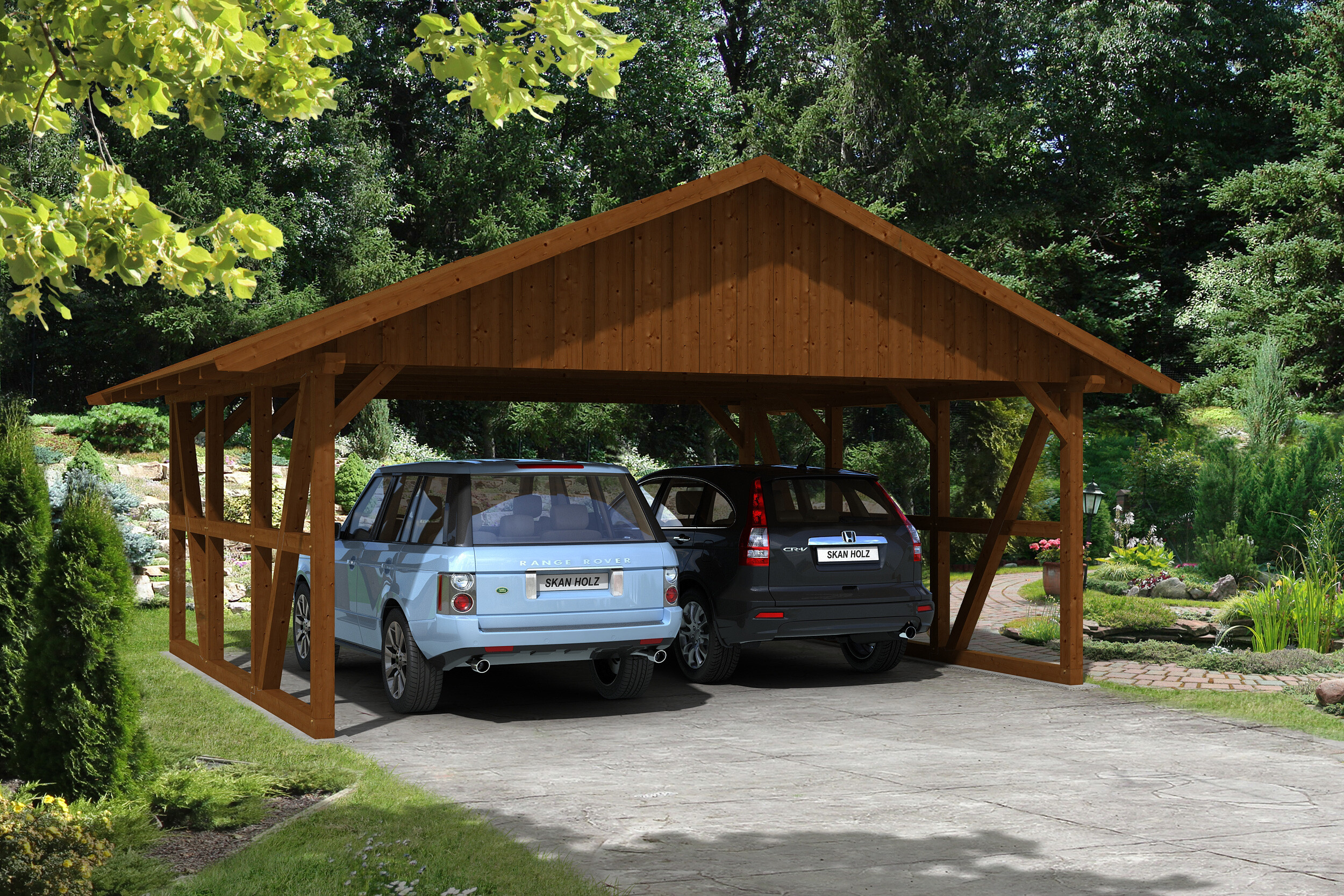 Carport Schwarzwald 684 x 600 cm, nussbaum, mit Dachschalung