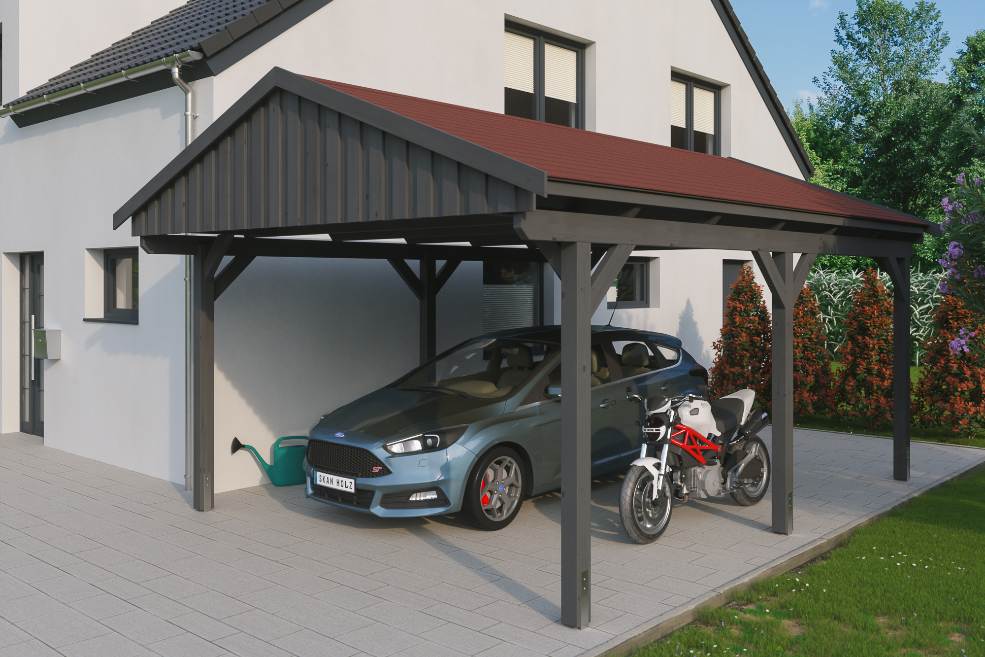 Ambientebild: Carport Fichtelberg 423 x 566 cm, farblich behandelt in schiefergrau, mit roten Dachschindeln