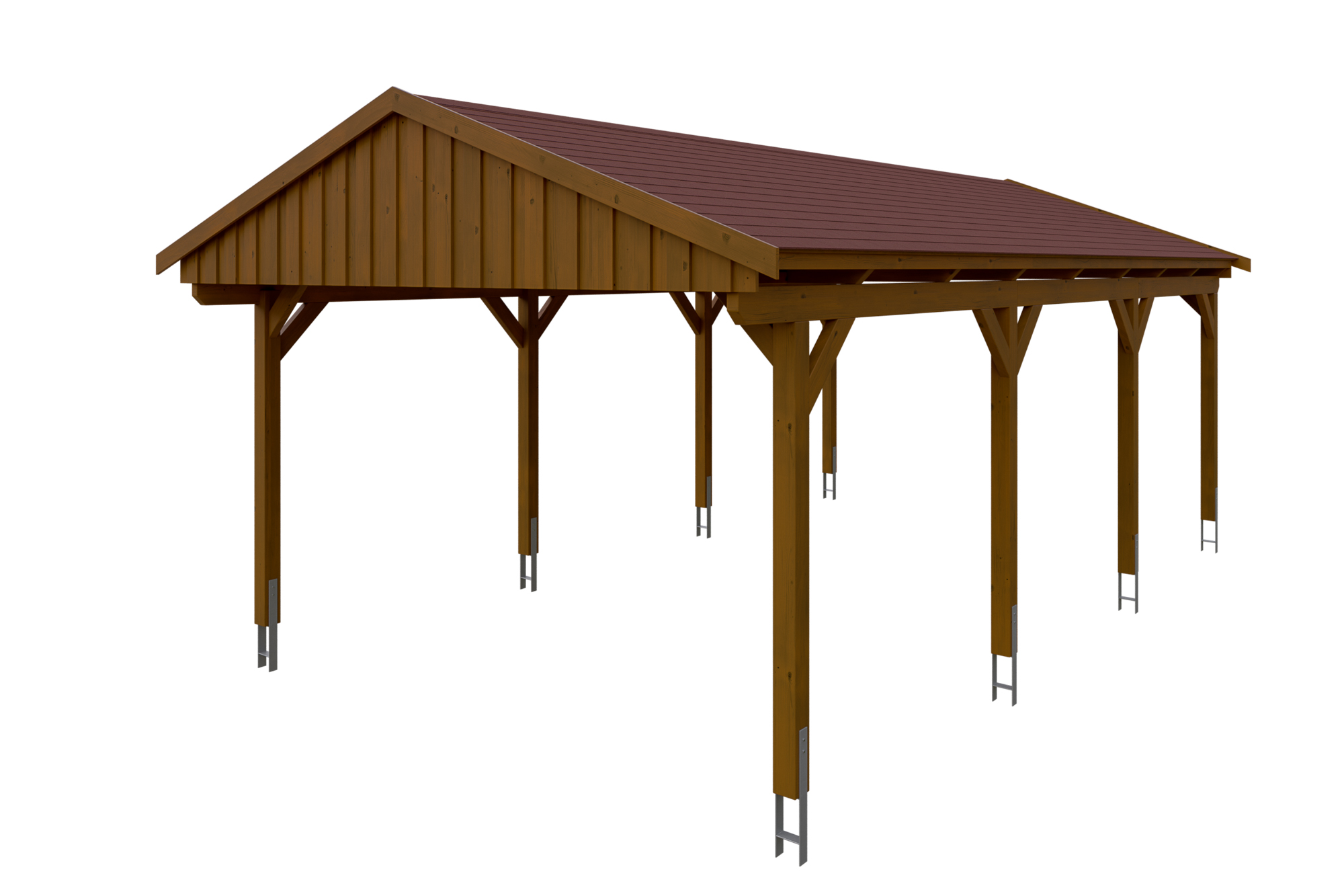 Produktbild: Carport Fichtelberg 423 x 808 cm, farblich behandelt in nussbaum, mit roten Dachschindeln
