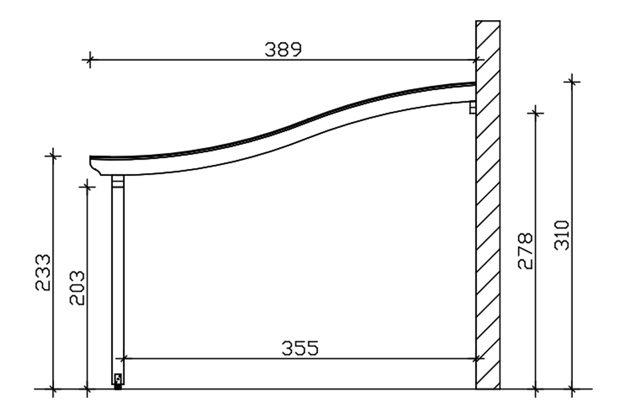 Grafik (Schnitt): Terrassenüberdachung Venezia, Tiefe 389 cm