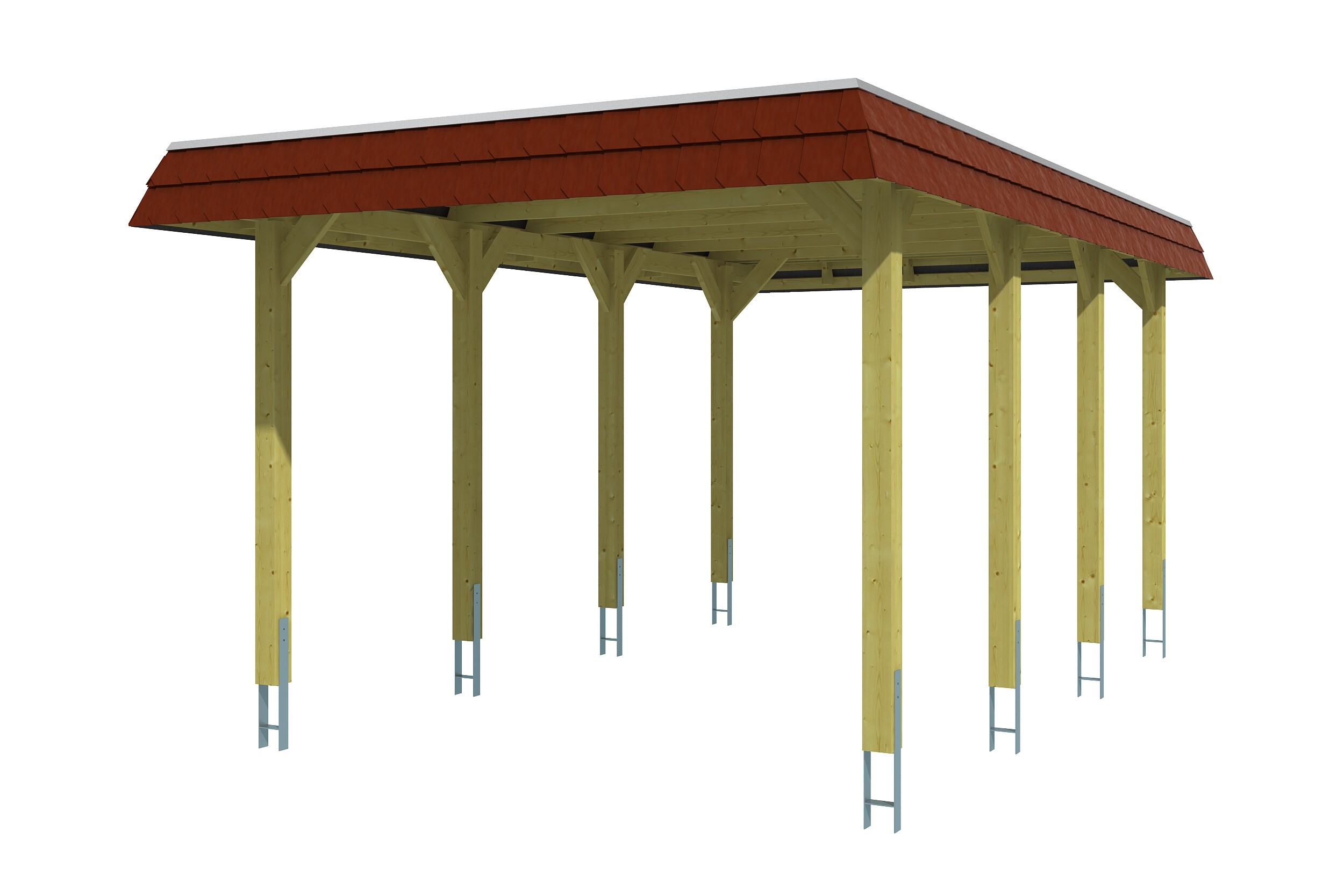 Carport SPREEWALD 345x589cm, toit en aluminium, bandeau rouge, bois résineux imprégné vert