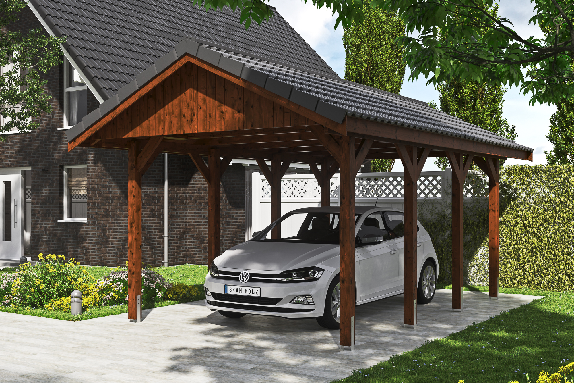 Ambientebild: Carport Wallgau 380 x 600 cm, mit Dachziegeln, farblich behandelt in nussbaum