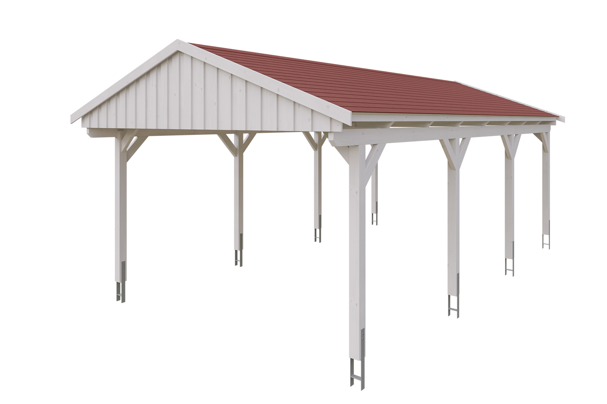 Produktbild: Carport Fichtelberg 423 x 808 cm, farblich behandelt in weiß, mit roten Dachschindeln