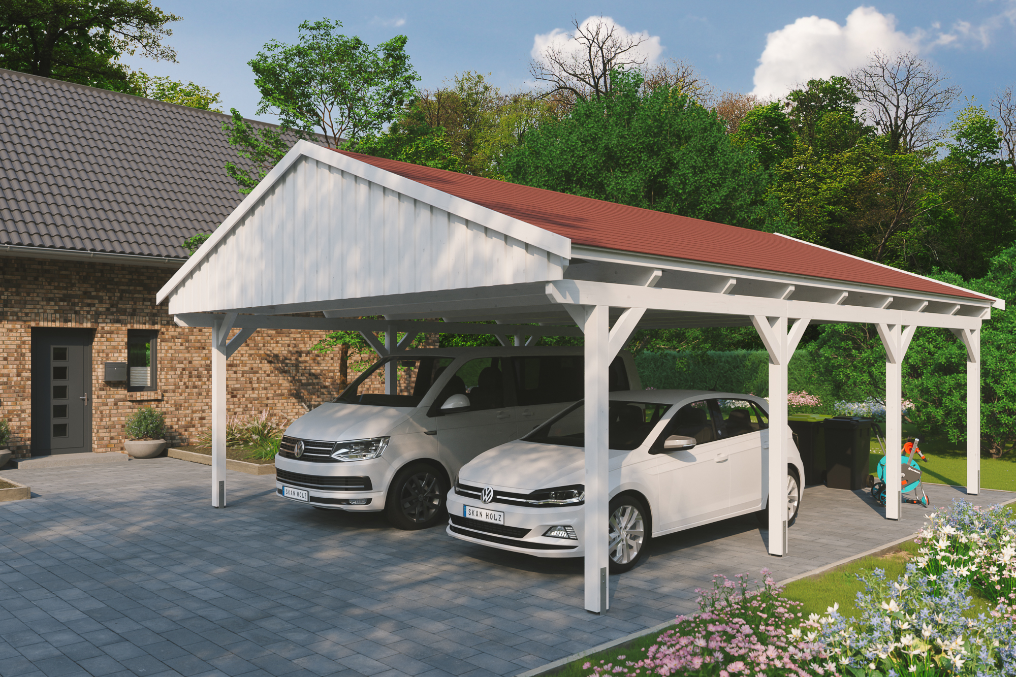 Ambientebild: Carport Fichtelberg 618 x 808 cm, farblich behandelt in weiß, mit roten Dachschindeln