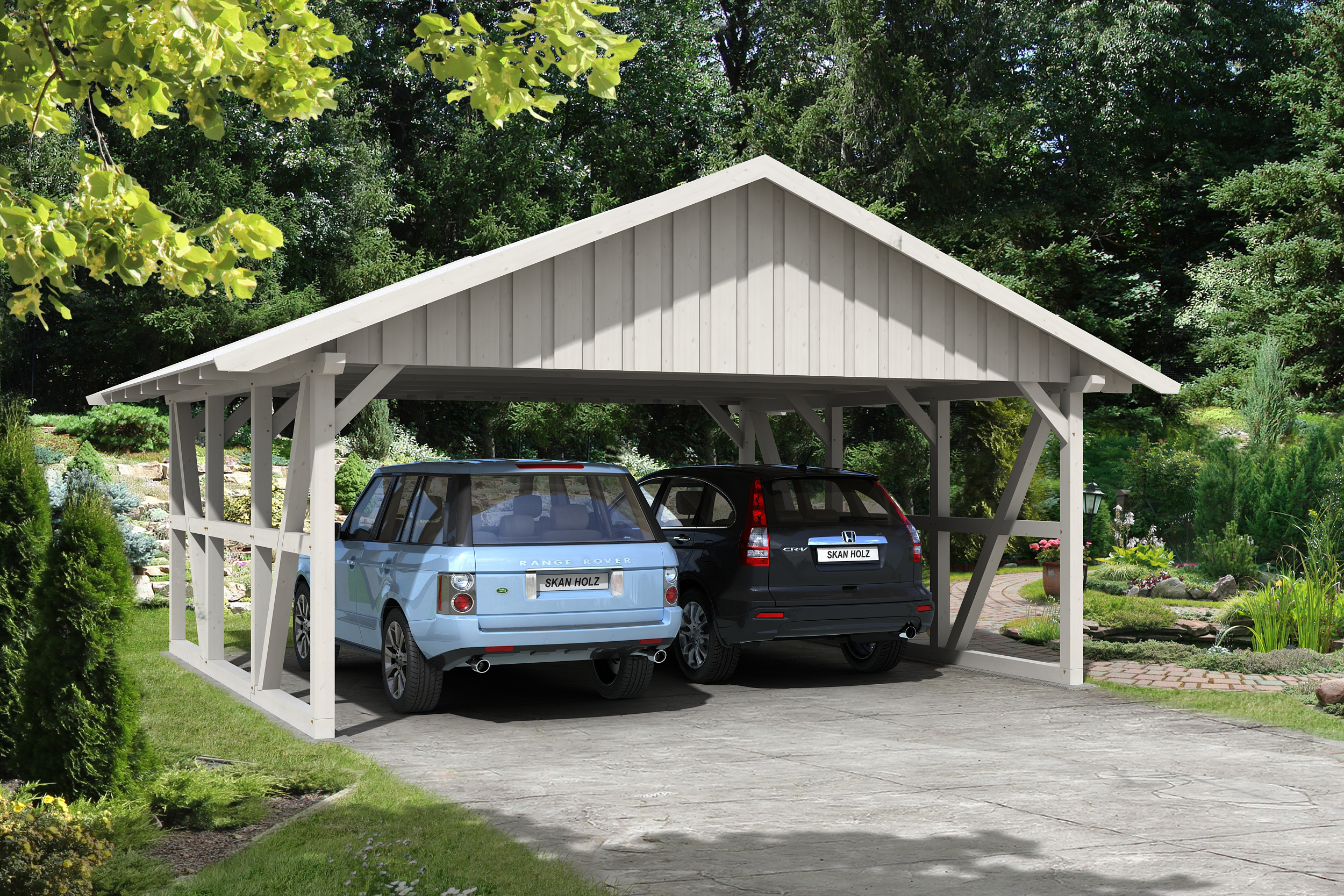 Carport Schwarzwald 684 x 600 cm, weiß, mit Dachschalung