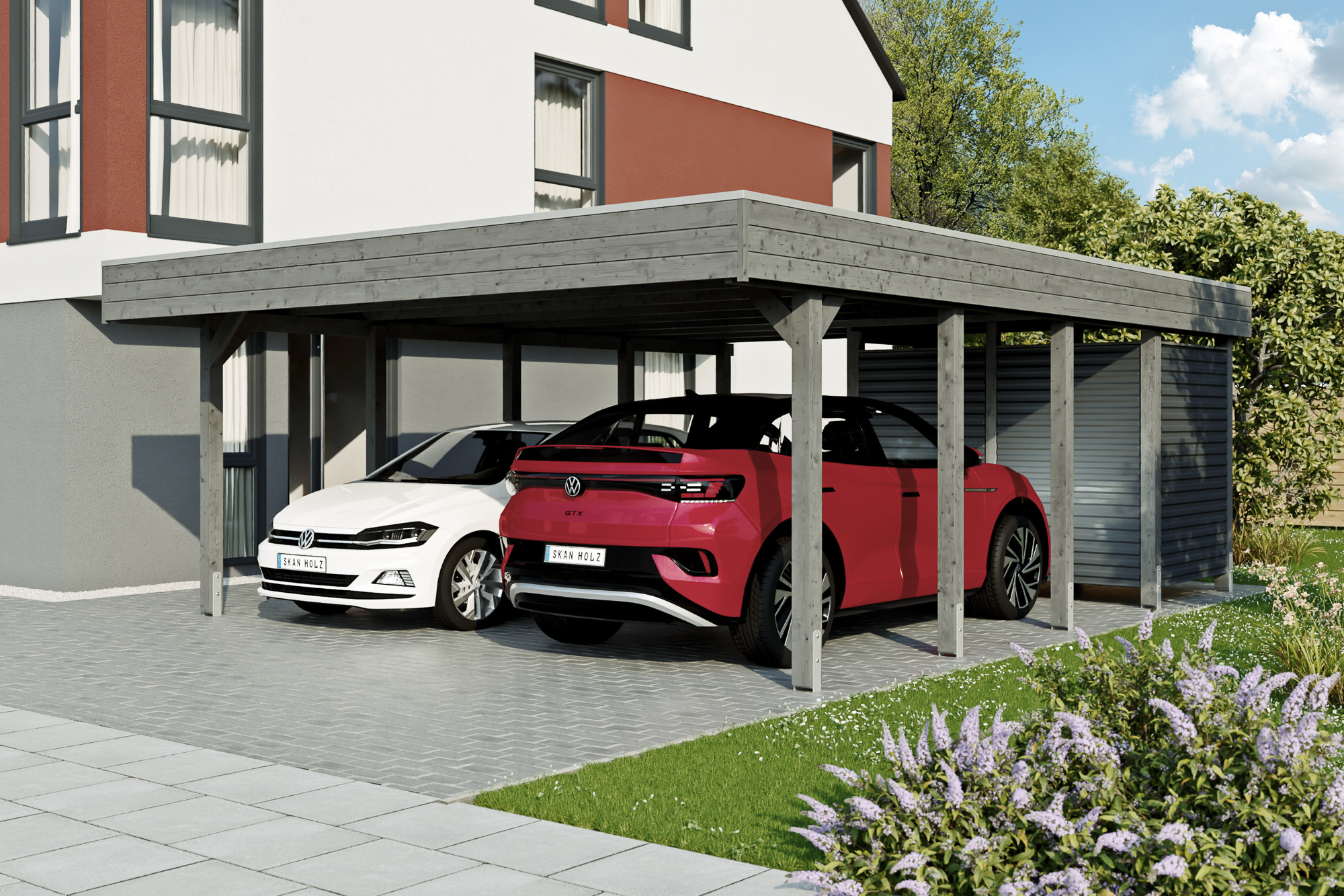 Ambientebild: Carport Friesland Set 14, 557 x 708 cm, mit Abstellraum, farblich behandelt in schiefergrau