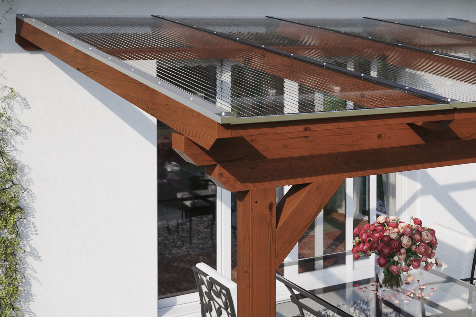 Detailbild einer Terrassenüberdachung Ancona farblich behandelt in nussbaum mit Blick seitlich auf das Dach