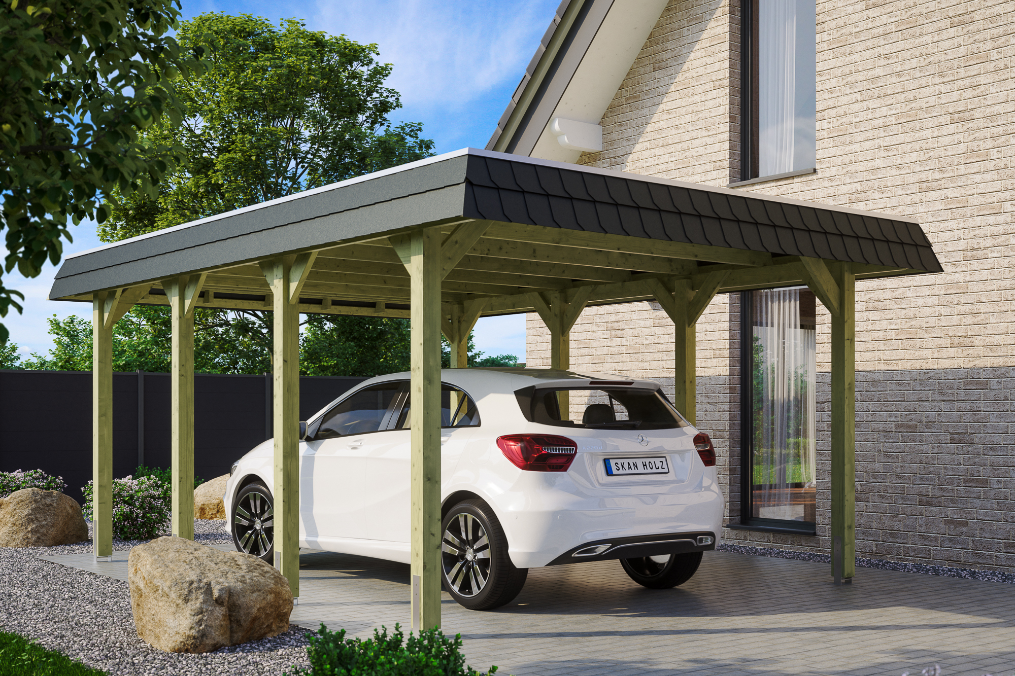 Ambientebild: Carport Spreewald 396 x 589 cm mit schwarzer Blende, grün imprgniert