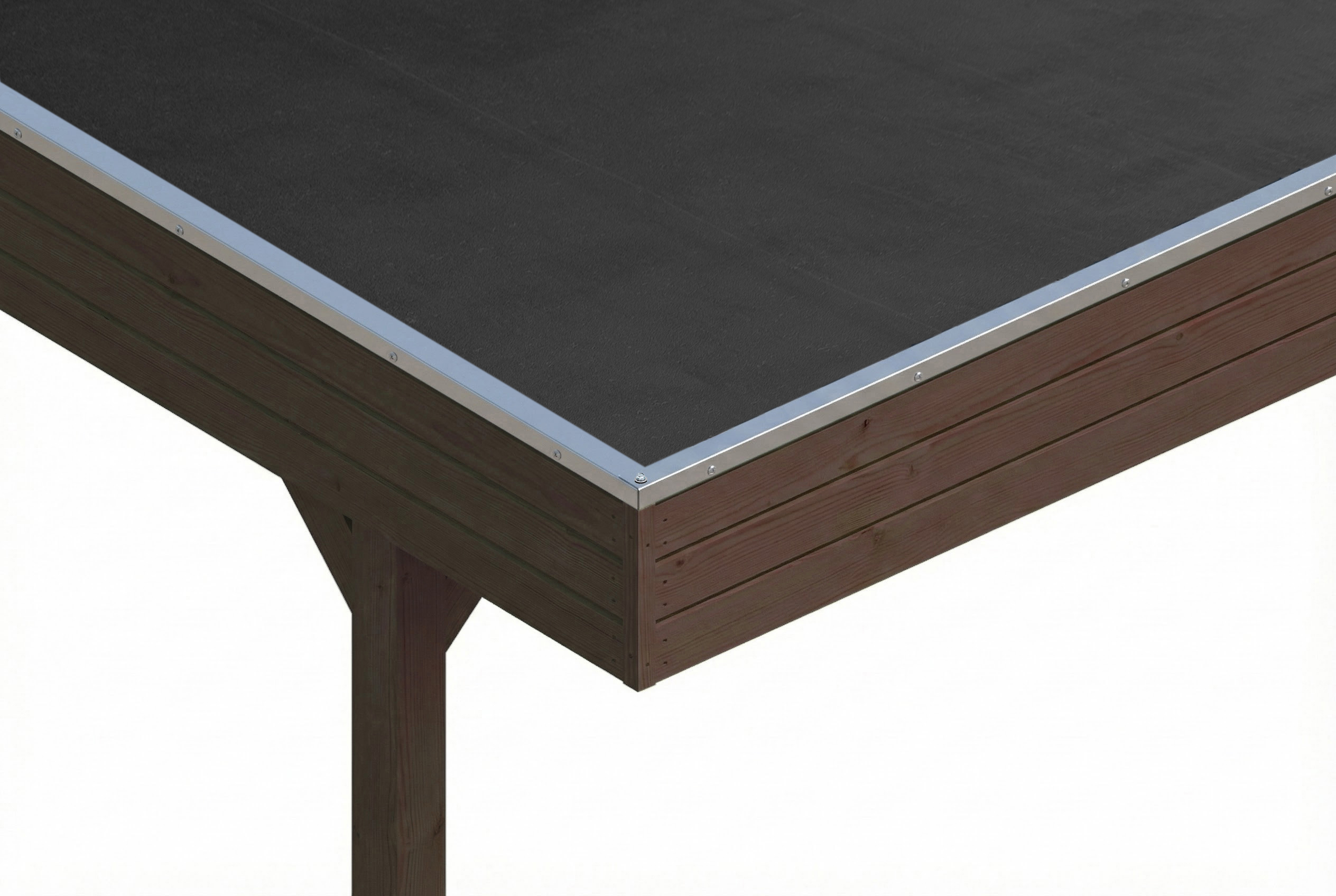 Detailbild: EPDM-Dacheindeckung und Dachblende beim Doppelcarport Friesland, farblich behandelt in nussbaum