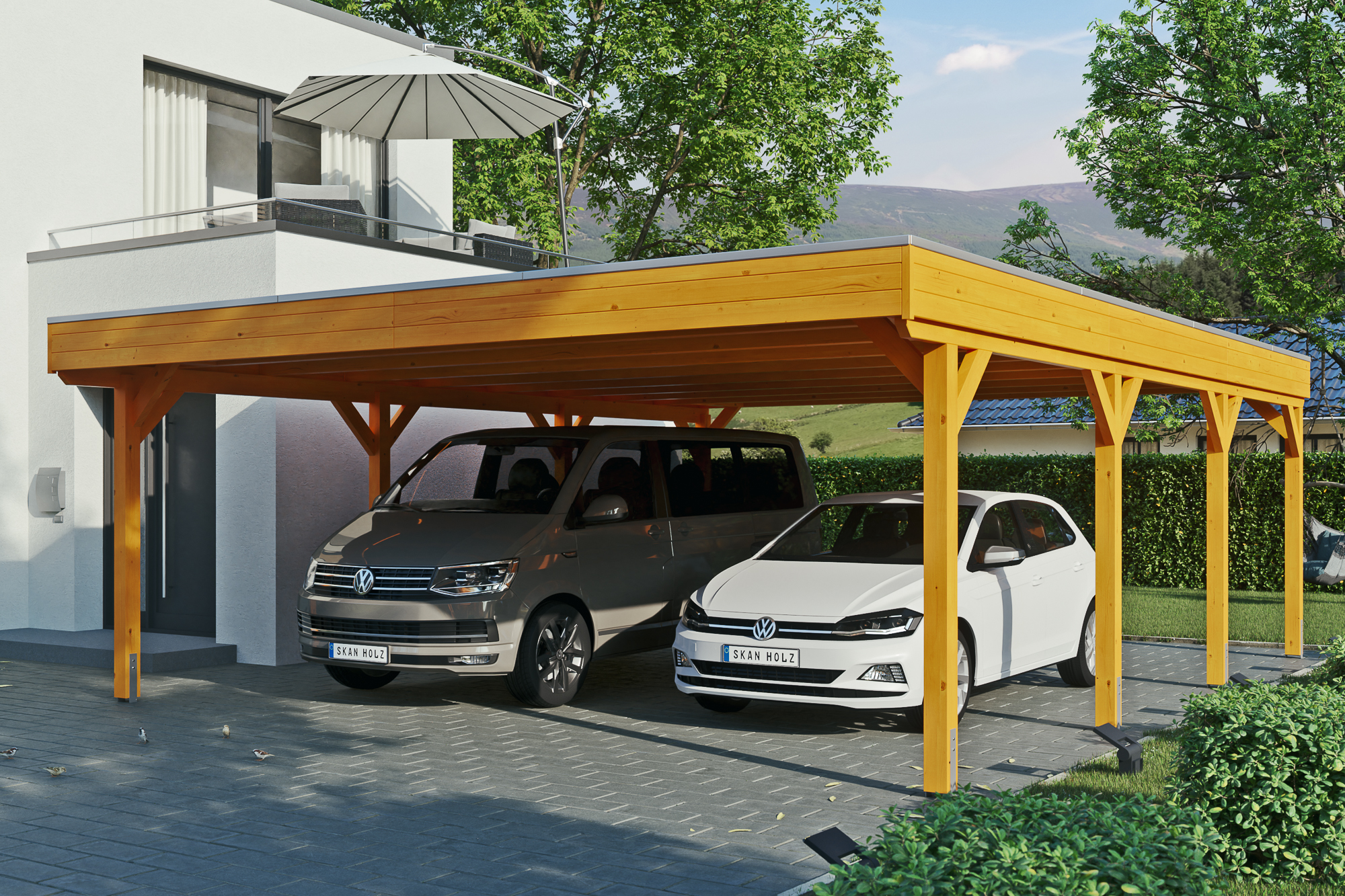 Carport Grunewald 622 x 796 cm met Aluminium dakplaten, gelakt in licht eiken