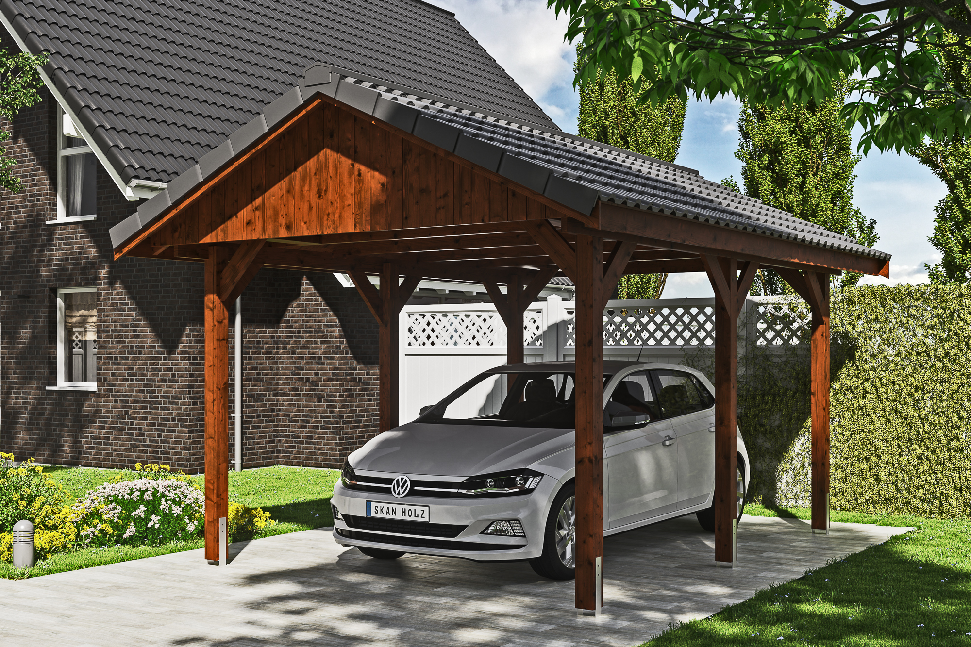 Ambientebild: Carport Wallgau 380 x 500 cm, mit Dachziegeln, farblich behandelt in nussbaum