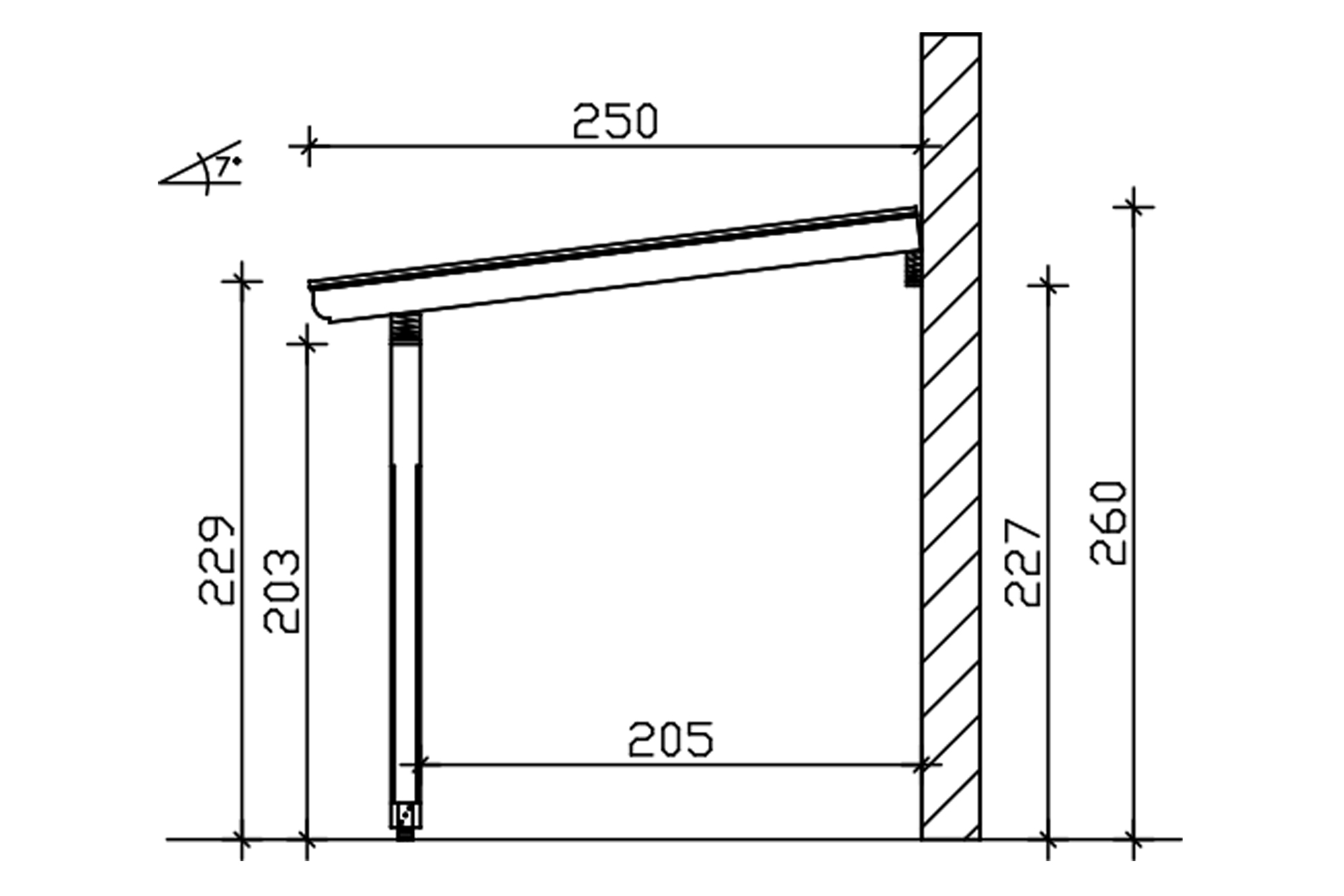 Grafik (Schnitt): Terrassenüberdachung Rimini, Tiefe 250 cm