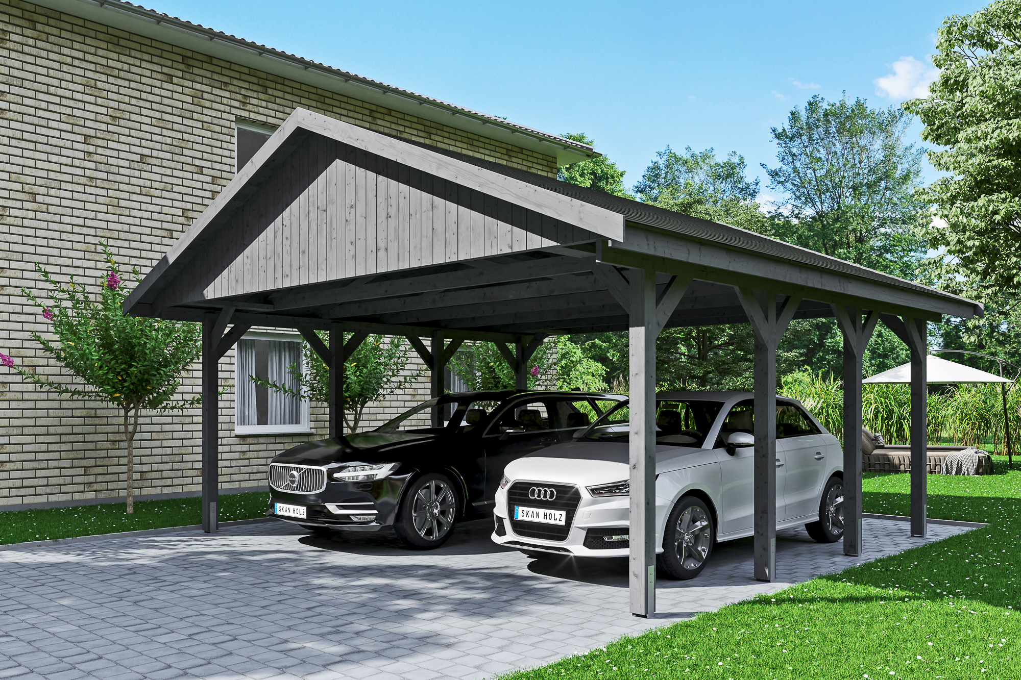 Ambientebild: Carport Wallgau 620 x 600 cm, mit schwarzen Dachschindeln, farblich behandelt in schiefergrau
