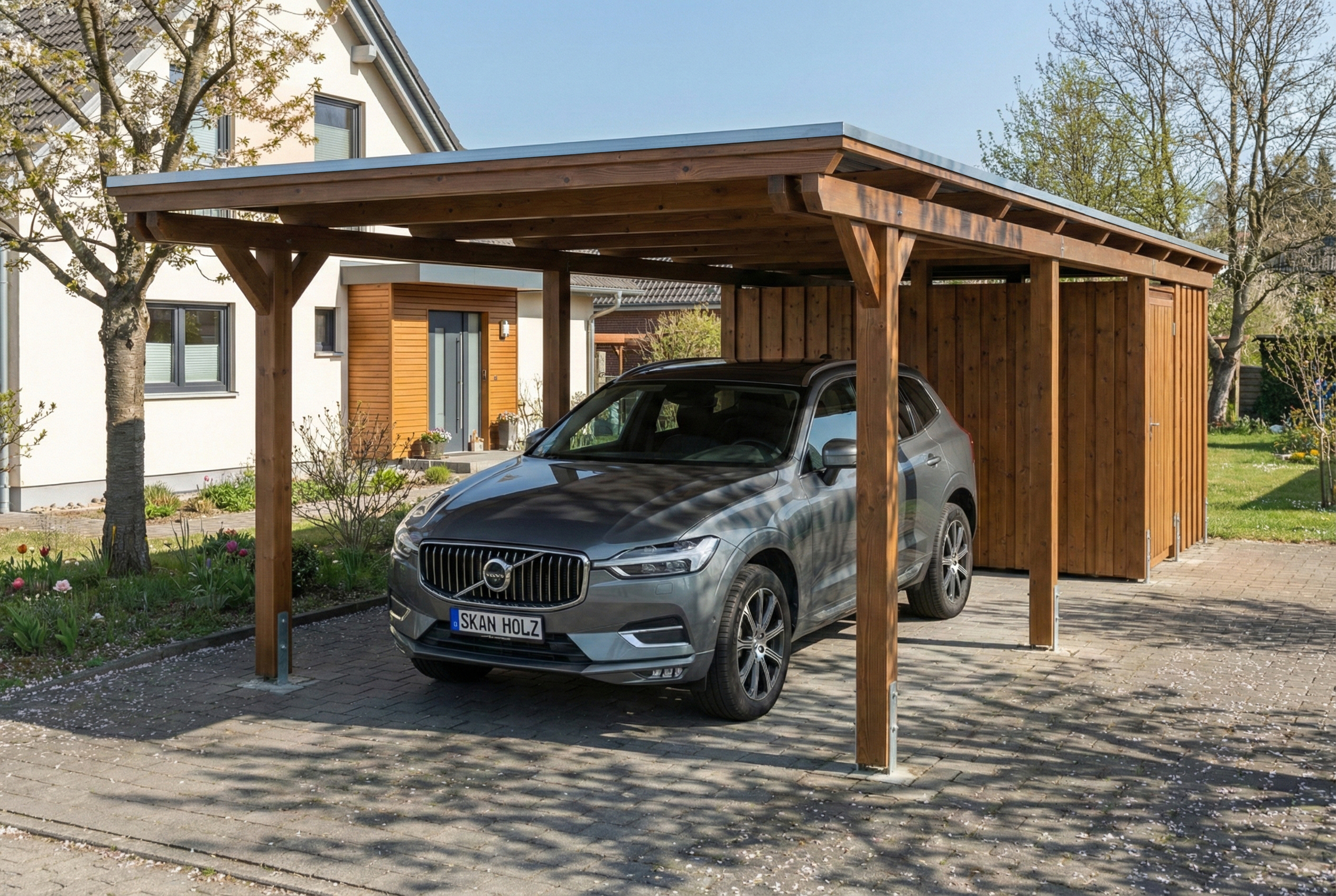 Carport Emsland 340 x 846 cm, panneaux de toit en acier avec non-tissé anti-condensation, avec remise, noyer