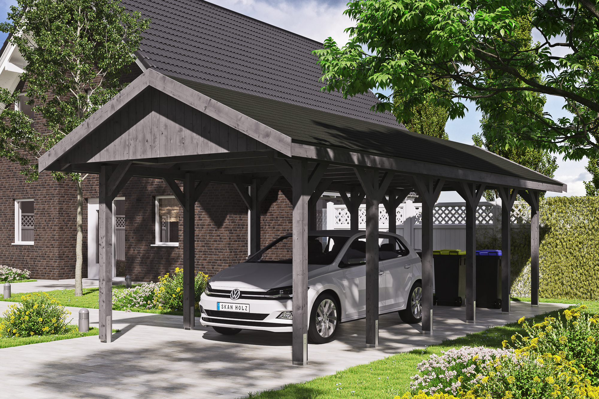 Ambientebild: Carport Wallgau 380 x 900 cm, mit schwarzen Dachschindeln, farblich behandelt in schiefergrau