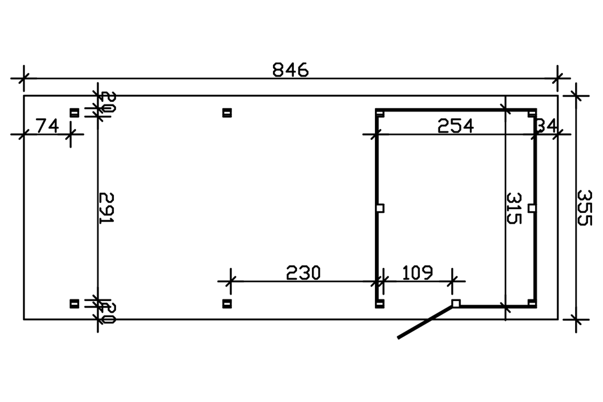Grafik (Grundriss): Carport Spessart 355 x 846 cm mit Abstellraum