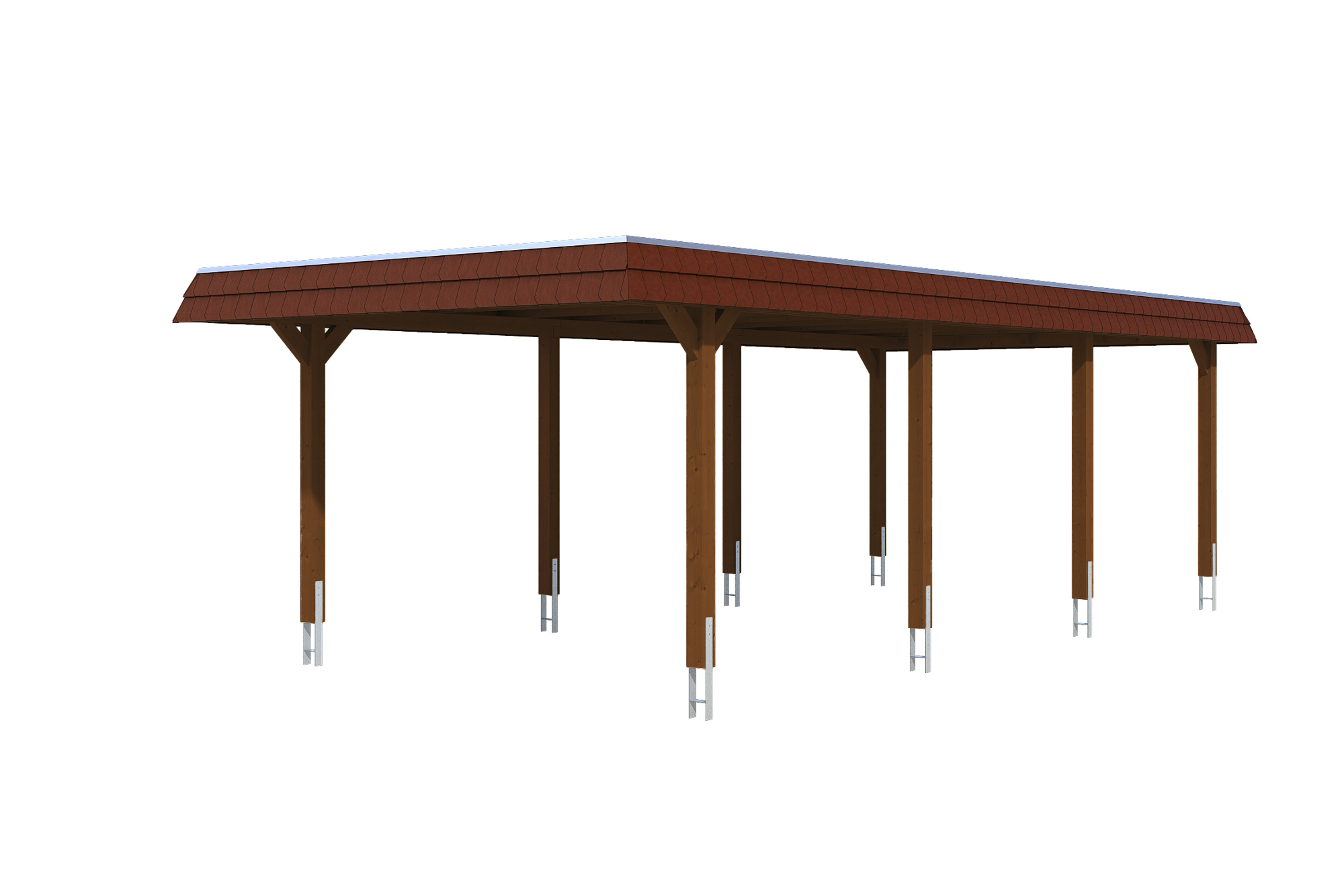 Produktbild: Carport Wendland 409 x 870 cm, mit roter Blende, farblich behandelt in nussbaum