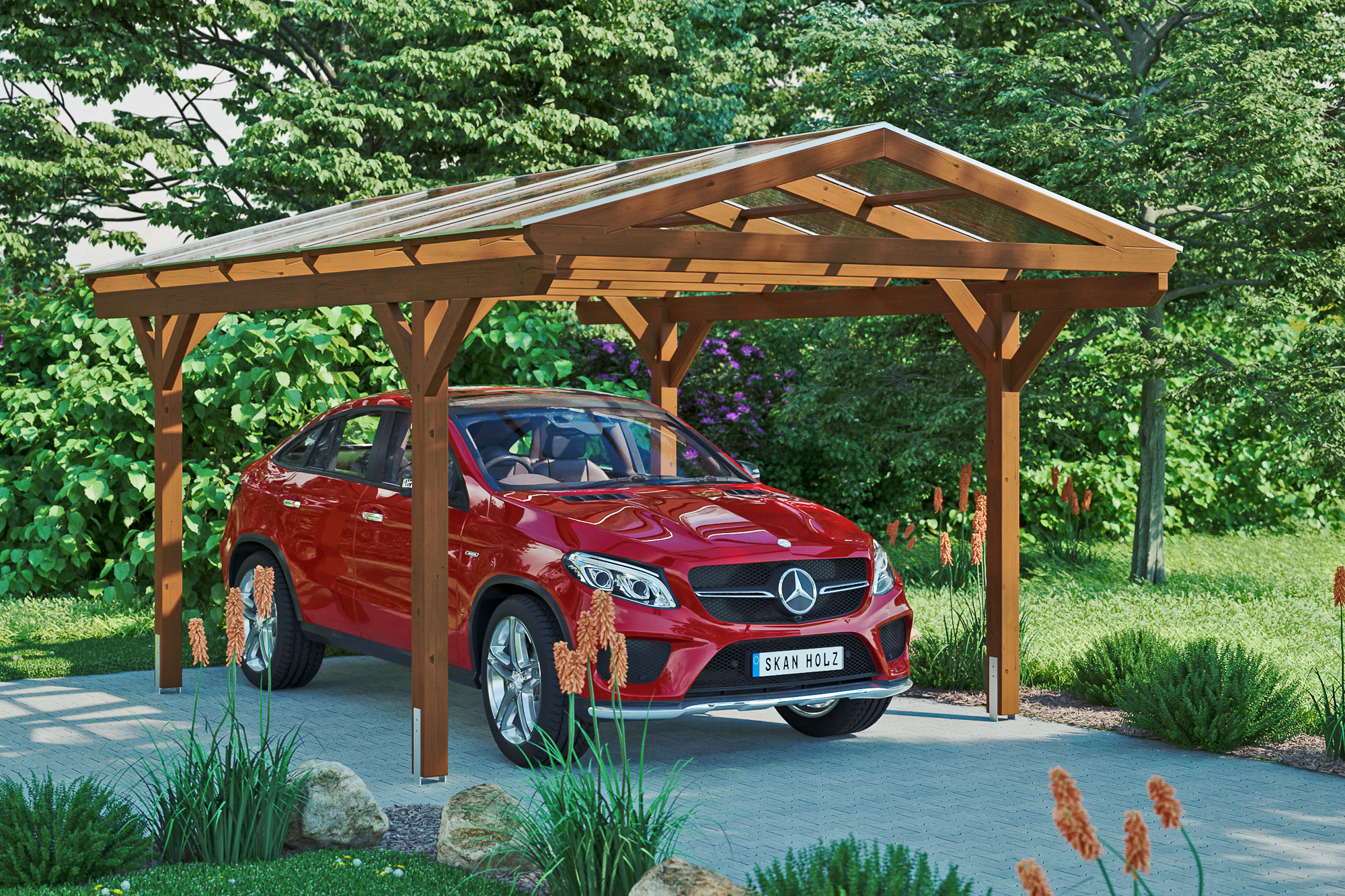 Ambientebild: Carport Westerwald 362 x 541 cm, farblich behandelt in nussbaum