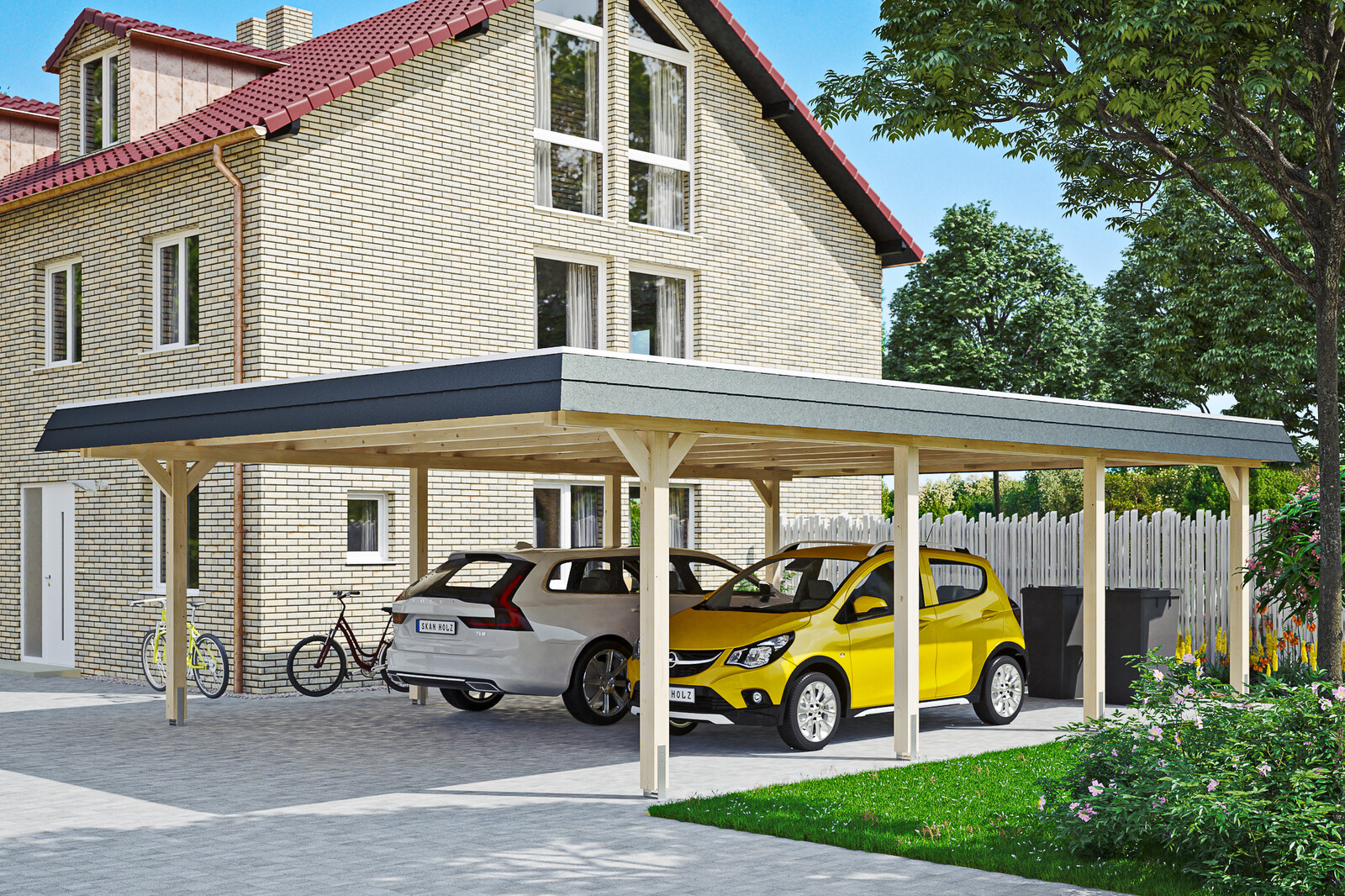 Carport WENDLAND 630x879cm, toit en aluminium, bandeau noir, bois lamellé-collé, non traité