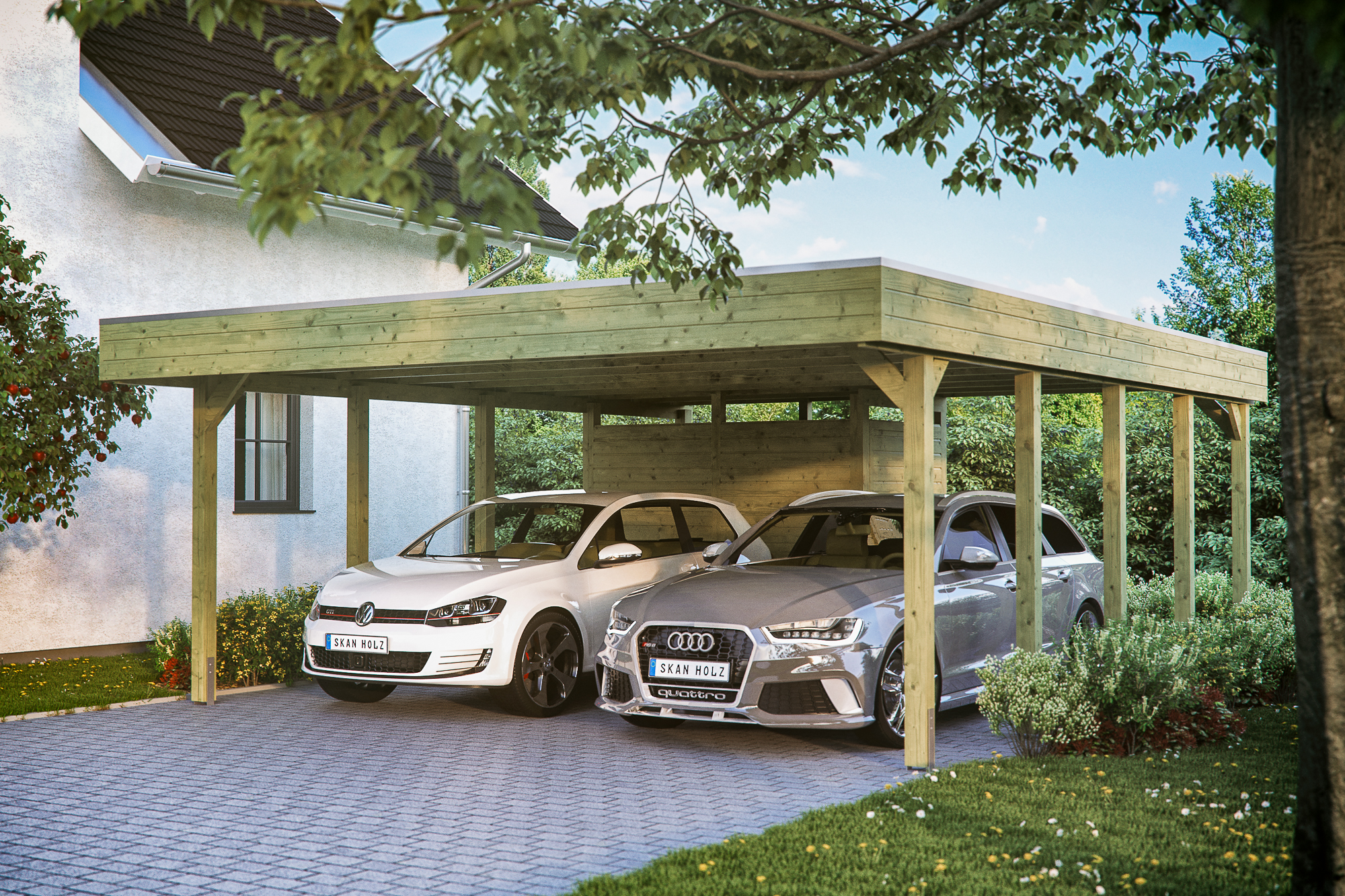 Ambientebild: Carport Friesland 557 x 708 cm, mit Abstellraum