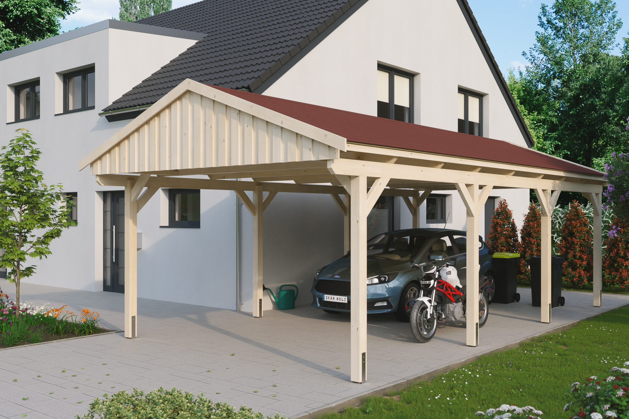 Ambientebild: Carport Fichtelberg 423 x 808 cm, natur, mit roten Dachschindeln