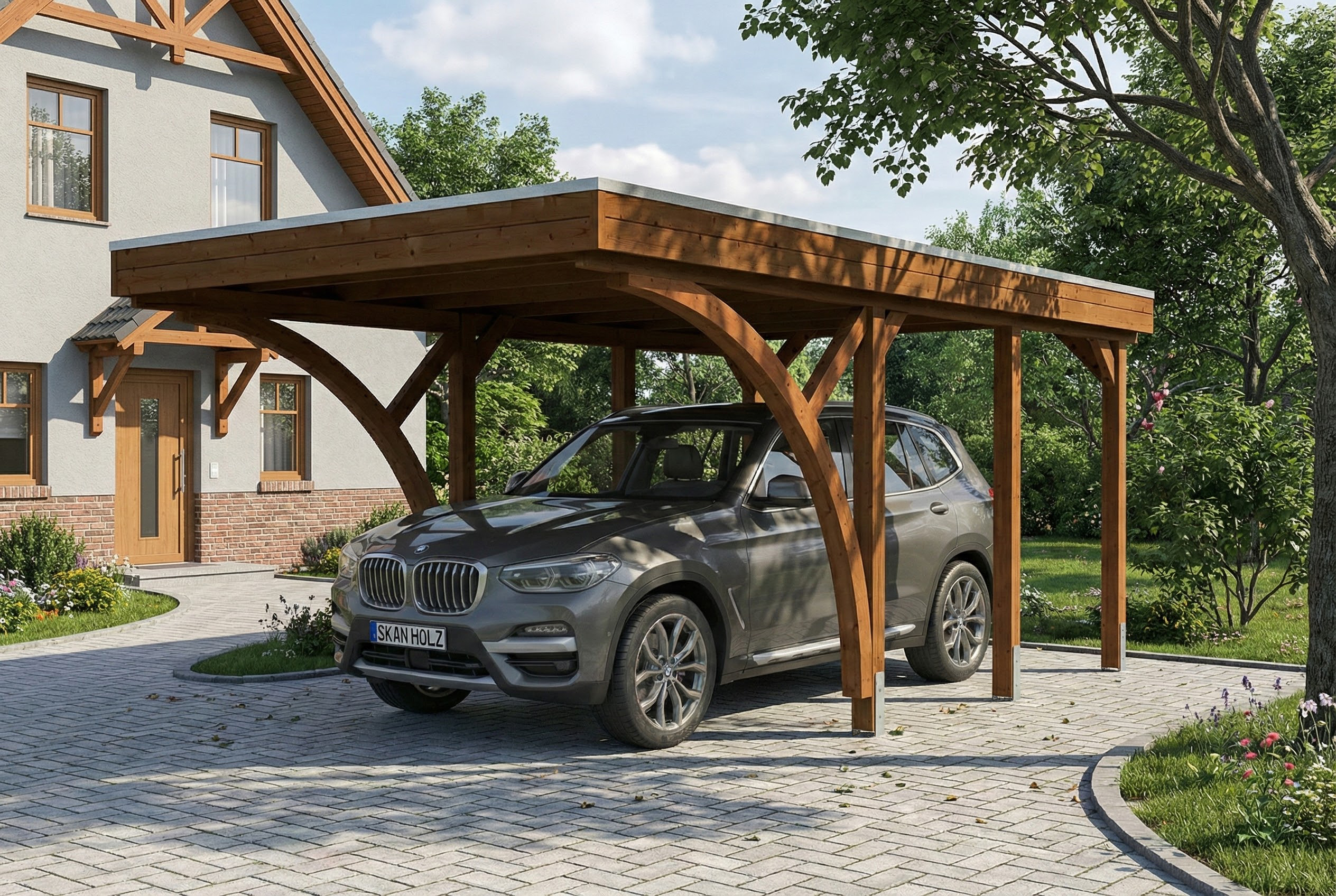 Carport Friesland Set F, 320 x 555 cm, mit zwei Einfahrtsbögen, nussbaum
