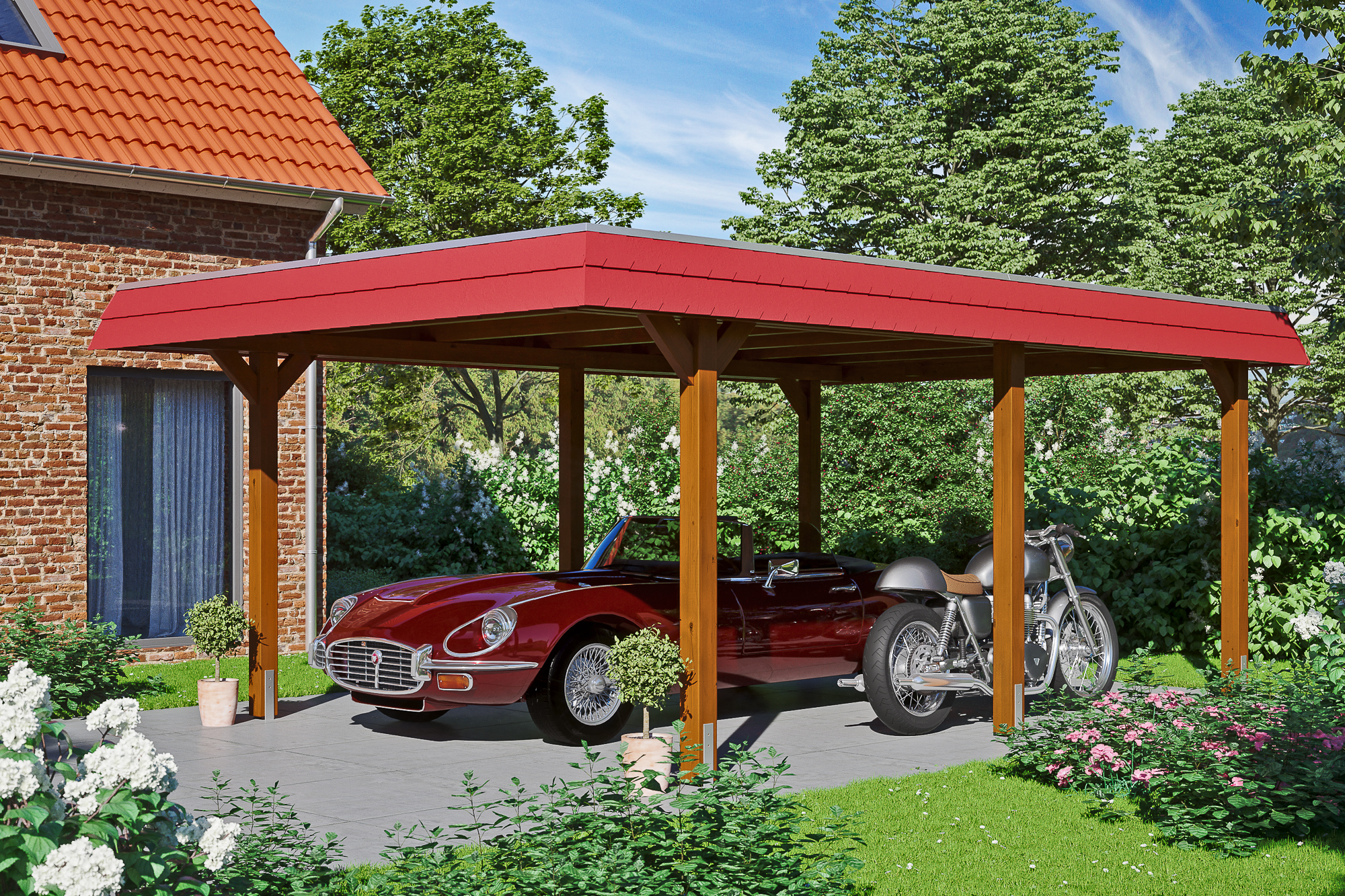 Ambientebild: Carport Wendland 409 x 628 cm, mit roter Blende, farblich behandelt in nussbaum