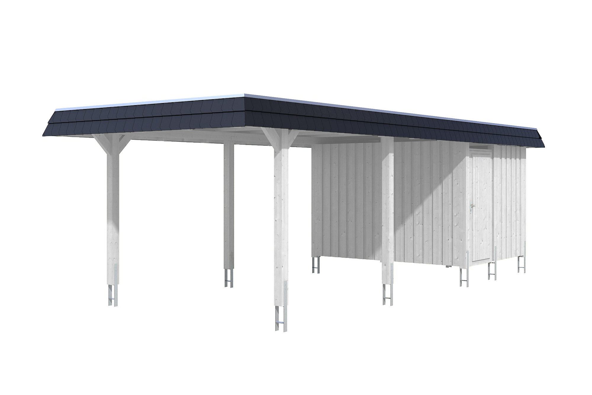 Carport Wendland with storage room 362 x 870 cm with EPDM roof, black fascia, colour pre-treated white