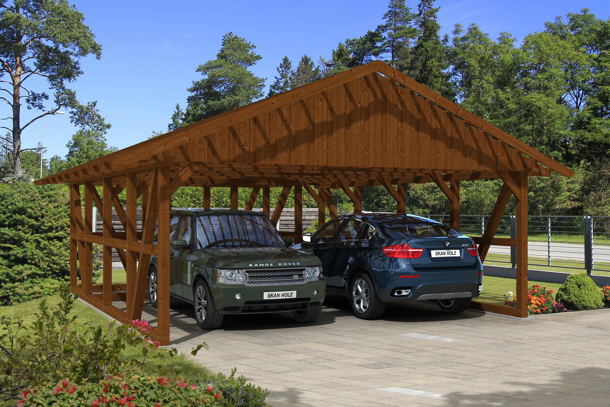 Carport Schwarzwald 684 x 772 cm mit Abstellraum 2, nussbaum, mit Dachlattung