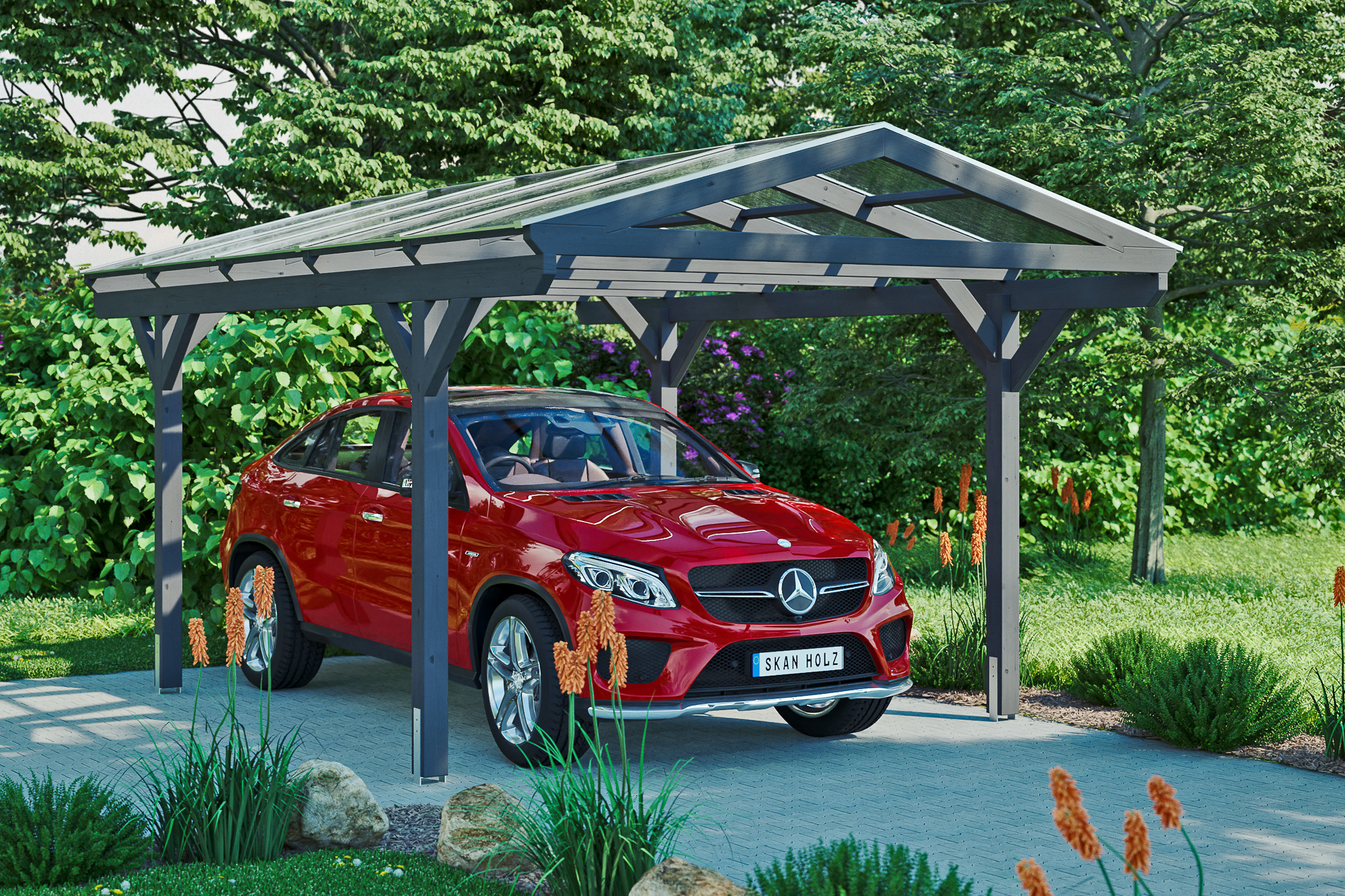 Ambientebild: Carport Westerwald 362 x 541 cm, farblich behandelt in schiefergrau