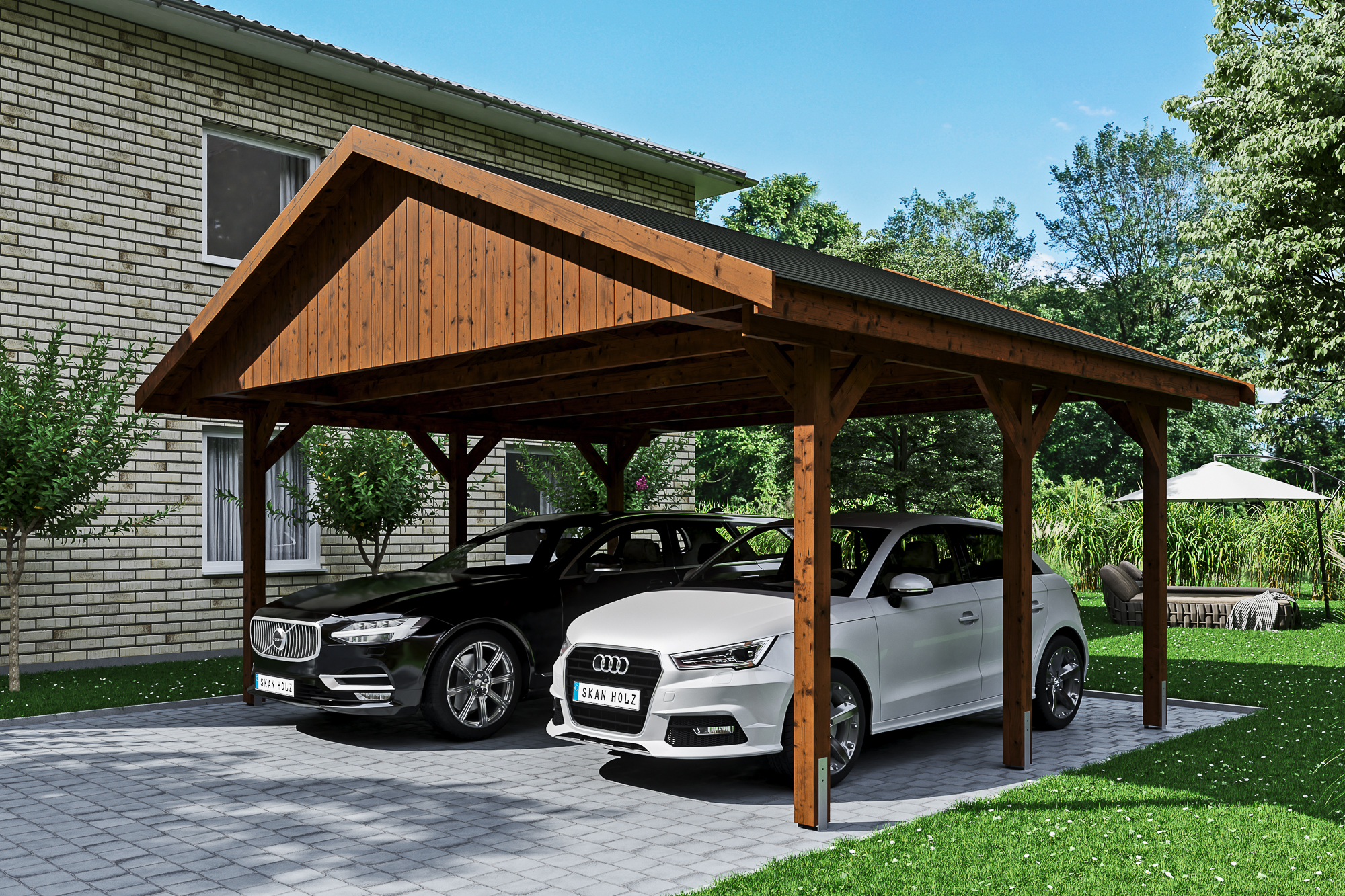 Ambientebild: Carport Wallgau 620 x 500 cm, mit schwarzen Dachschindeln, farblich behandelt in nussbaum