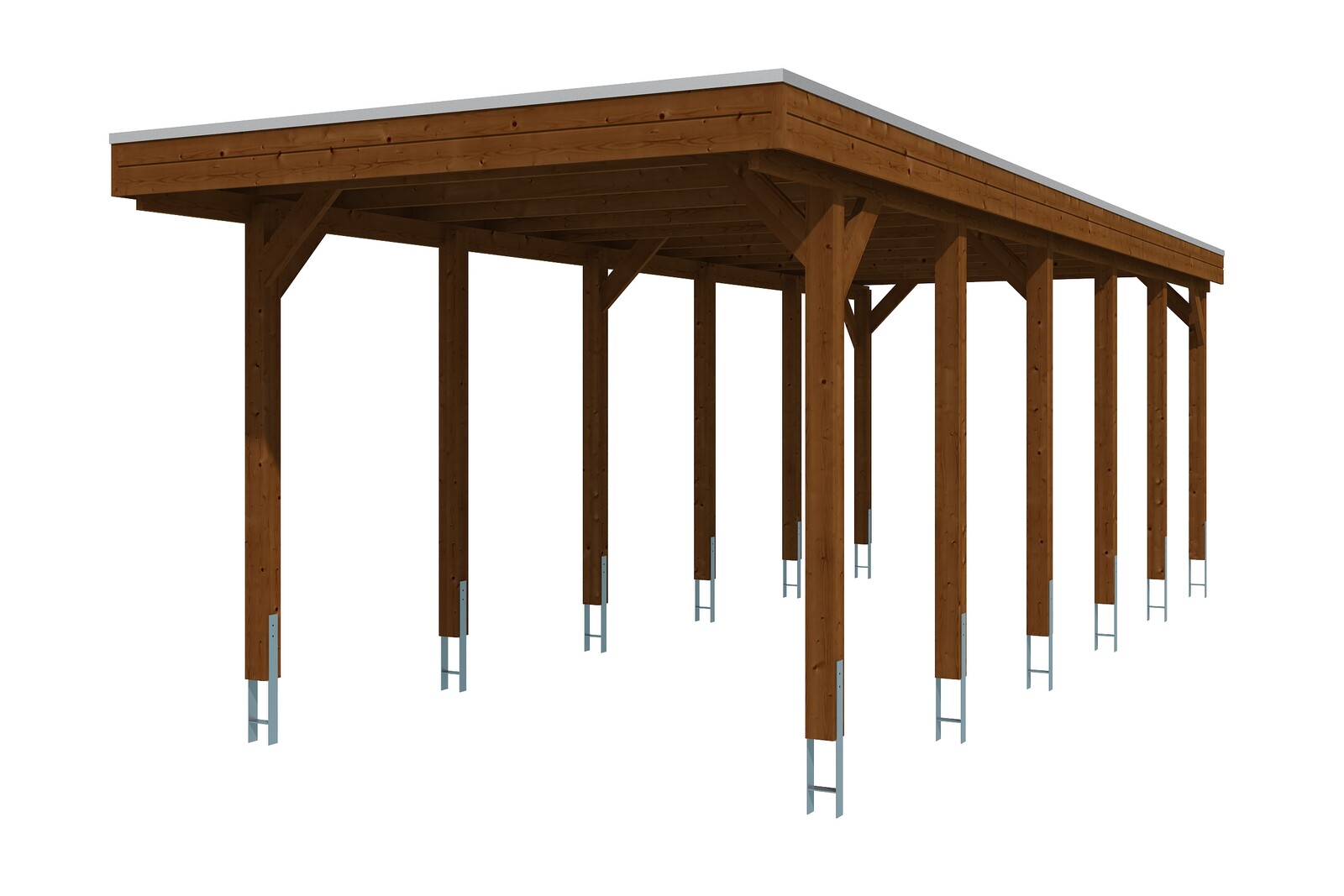 Carport FRIESLAND 314x860cm, avec panneaux de toit en aluminium, bois résineux imprégné, traitement coloré noyer