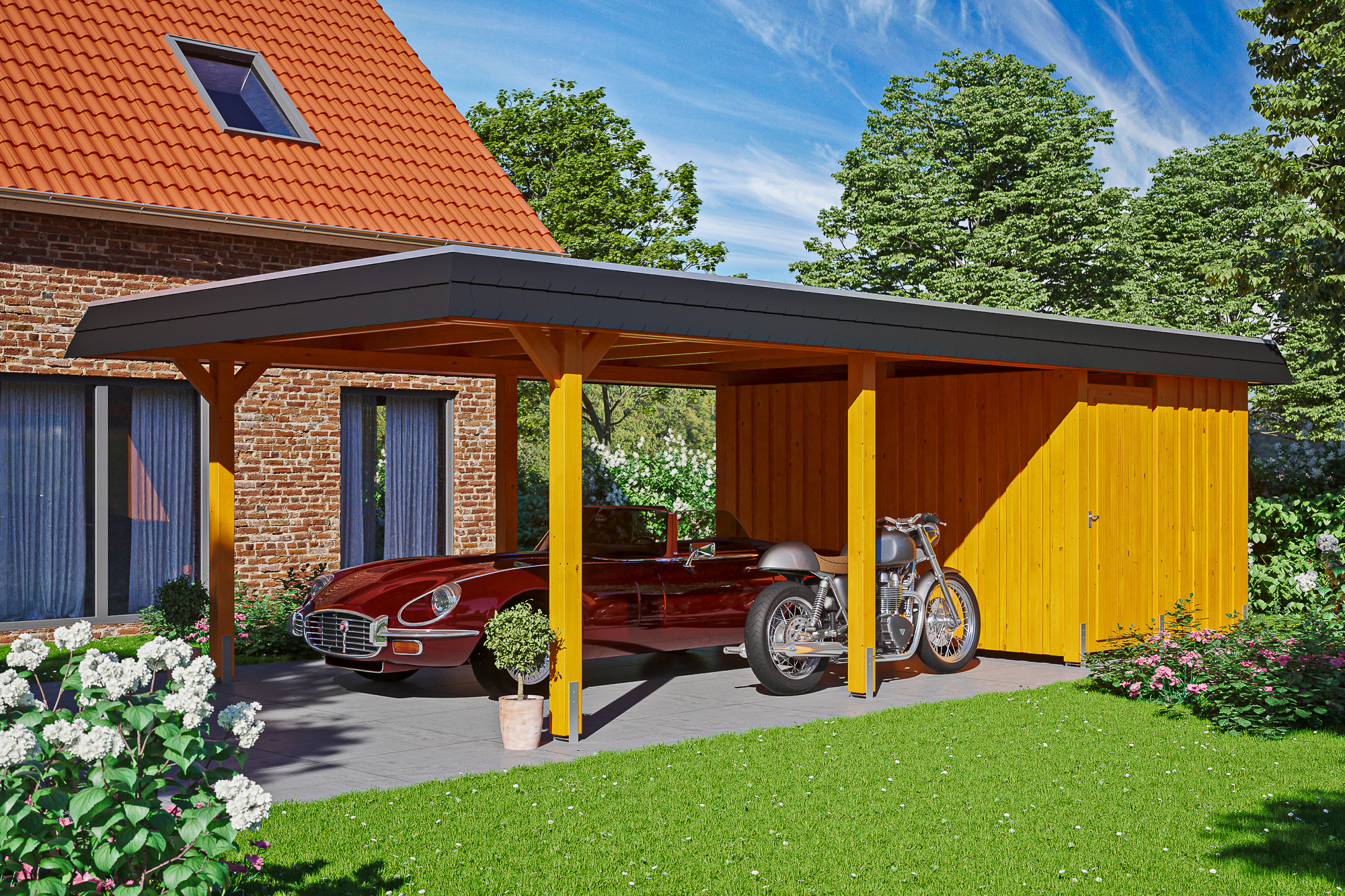 Ambientebild: Carport Wendland 409 x 870 cm, mit Abstellraum, mit schwarzer Blende, farblich behandelt in eiche hell