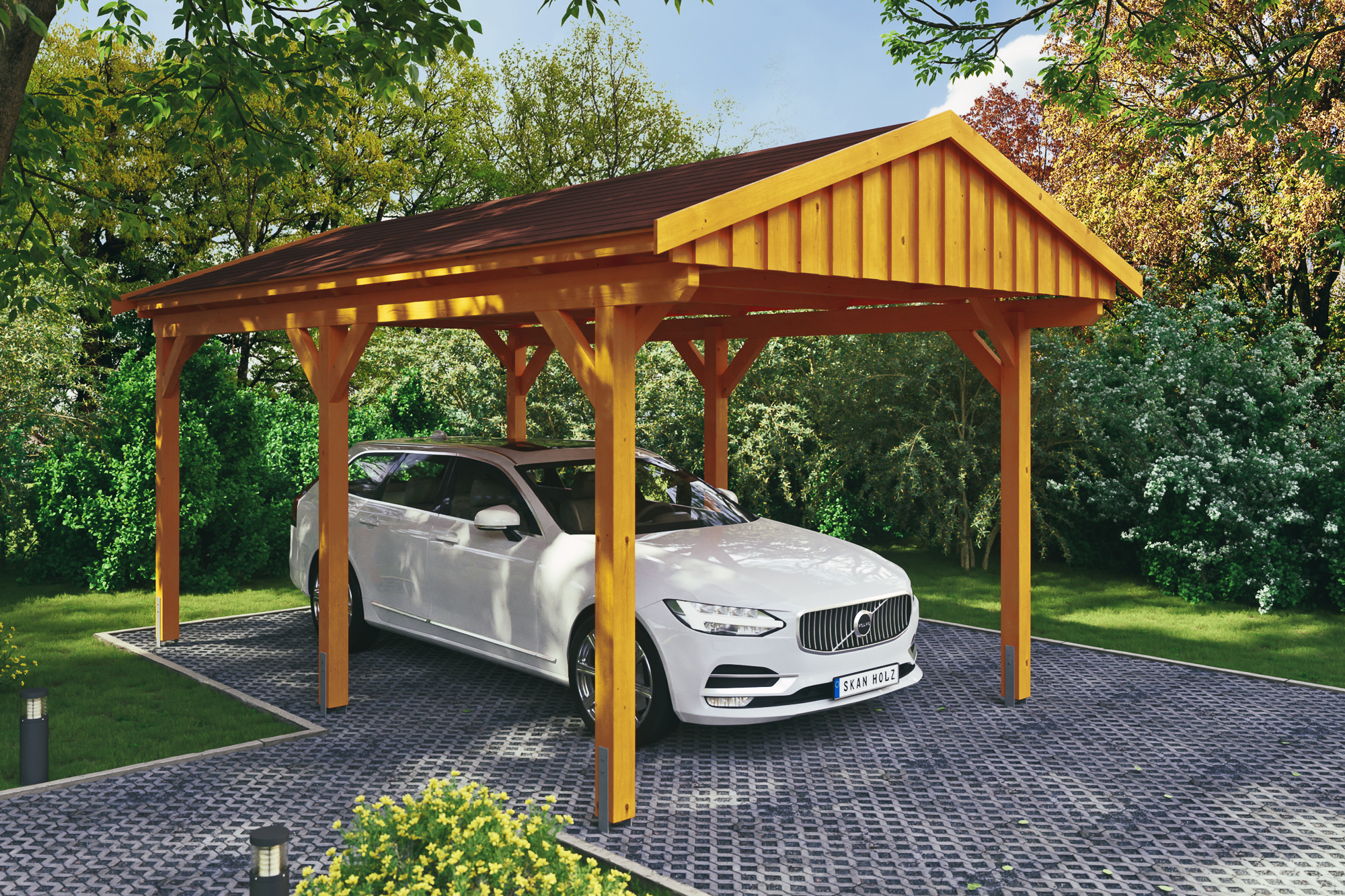 Ambientebild: Carport Fichtelberg 317 x 566 cm, farblich behandelt in eiche hell, mit roten Dachschindeln