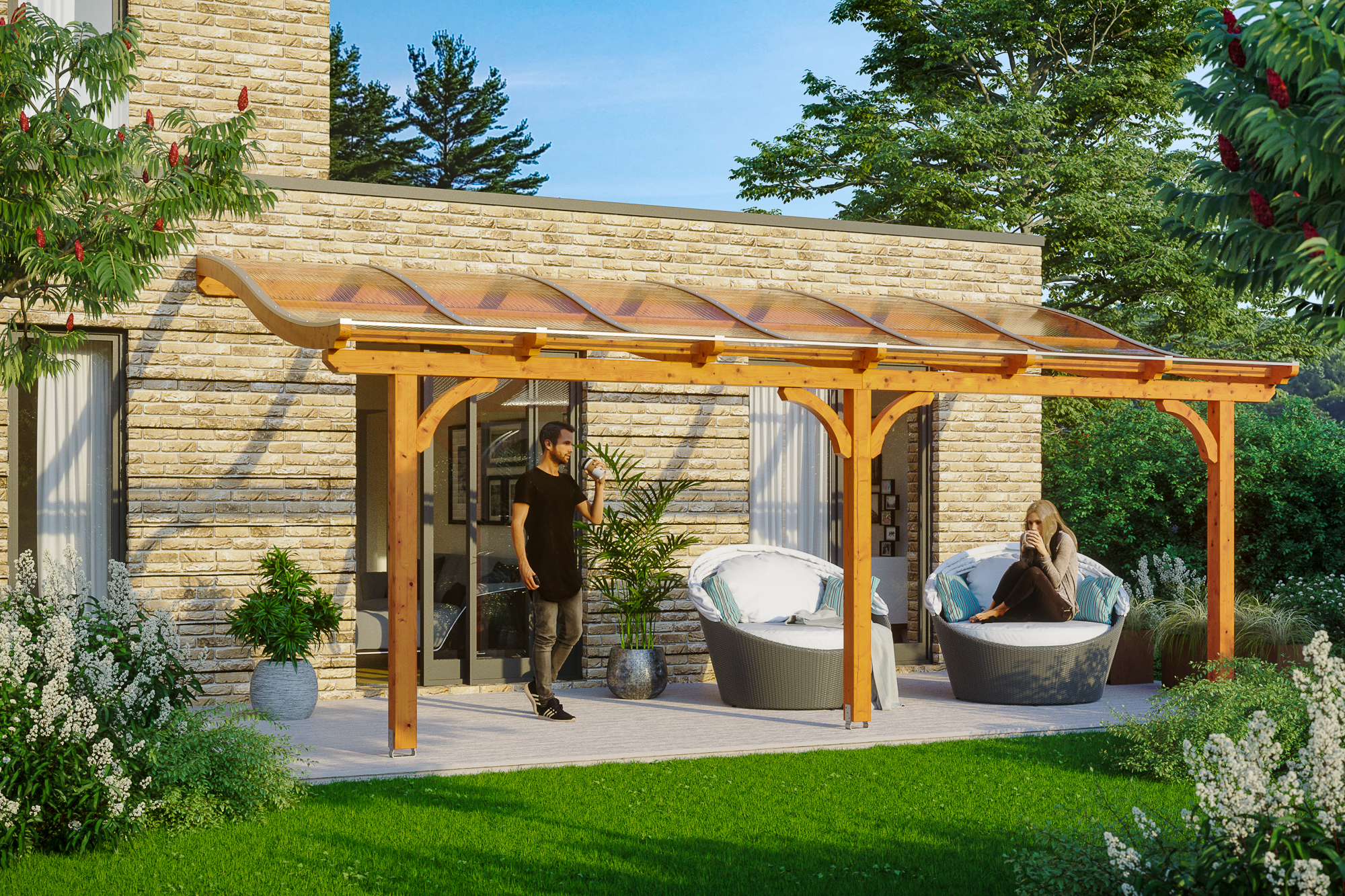 Ambientebild: Terrassenüberdachung Venezia, Breite 648 cm, farblich behandelt in eiche hell