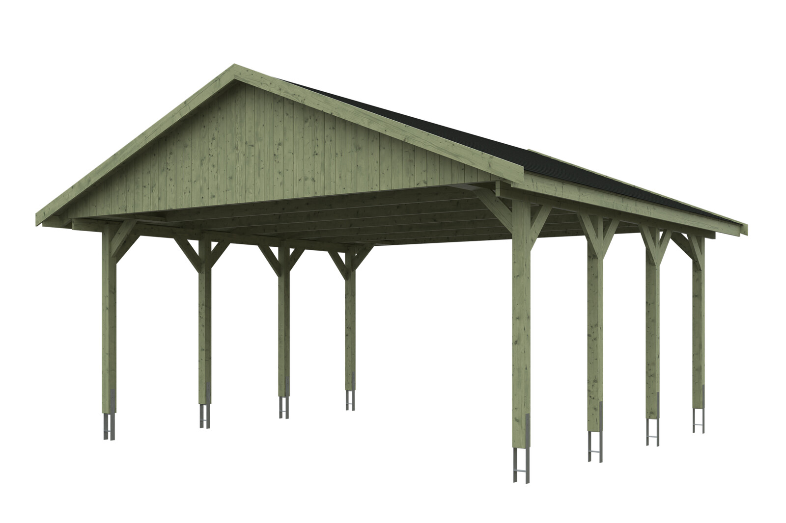 Carport WALLGAU 620 x 600 cm, imprégné vert, avec bardeaux noirs