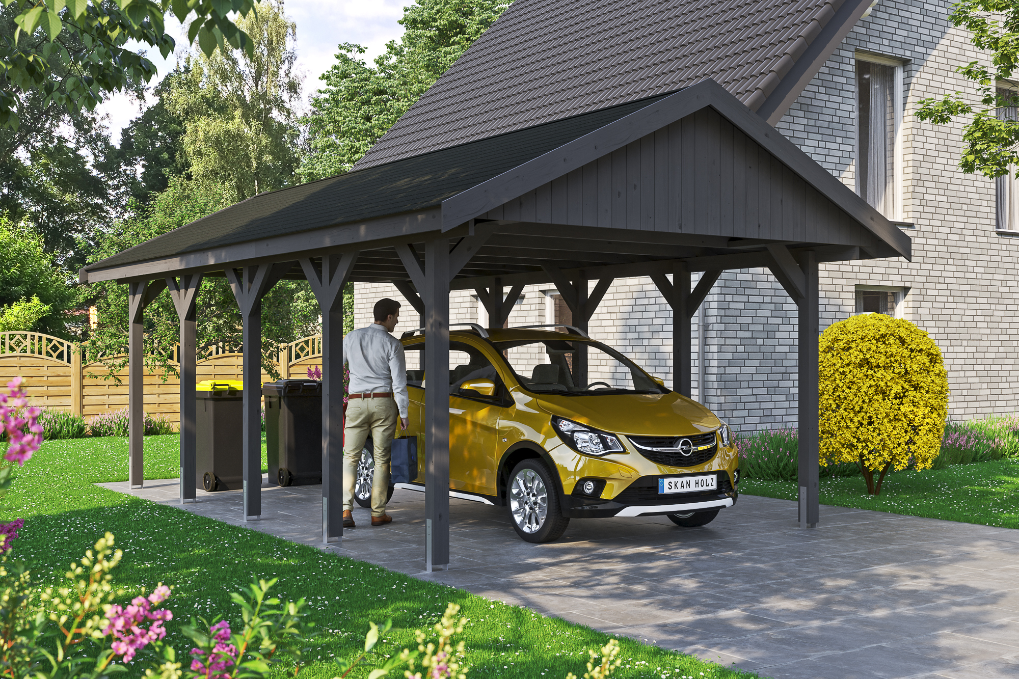 Ambientebild: Carport Wallgau 430 x 750 cm, mit schwarzen Dachschindeln, farblich behandelt in schiefergrau