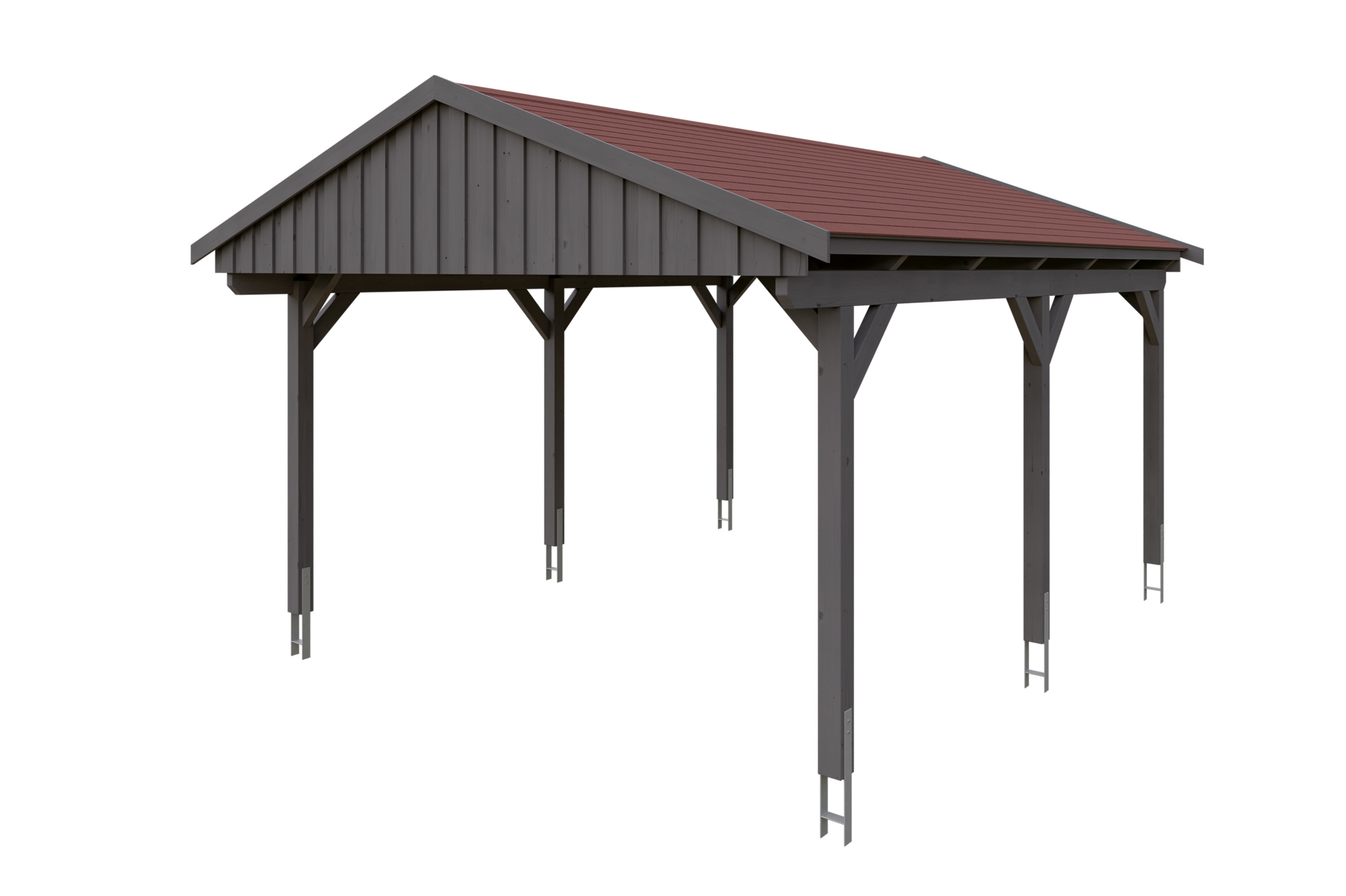Produktbild: Carport Fichtelberg 423 x 566 cm, farblich behandelt in schiefergrau, mit roten Dachschindeln