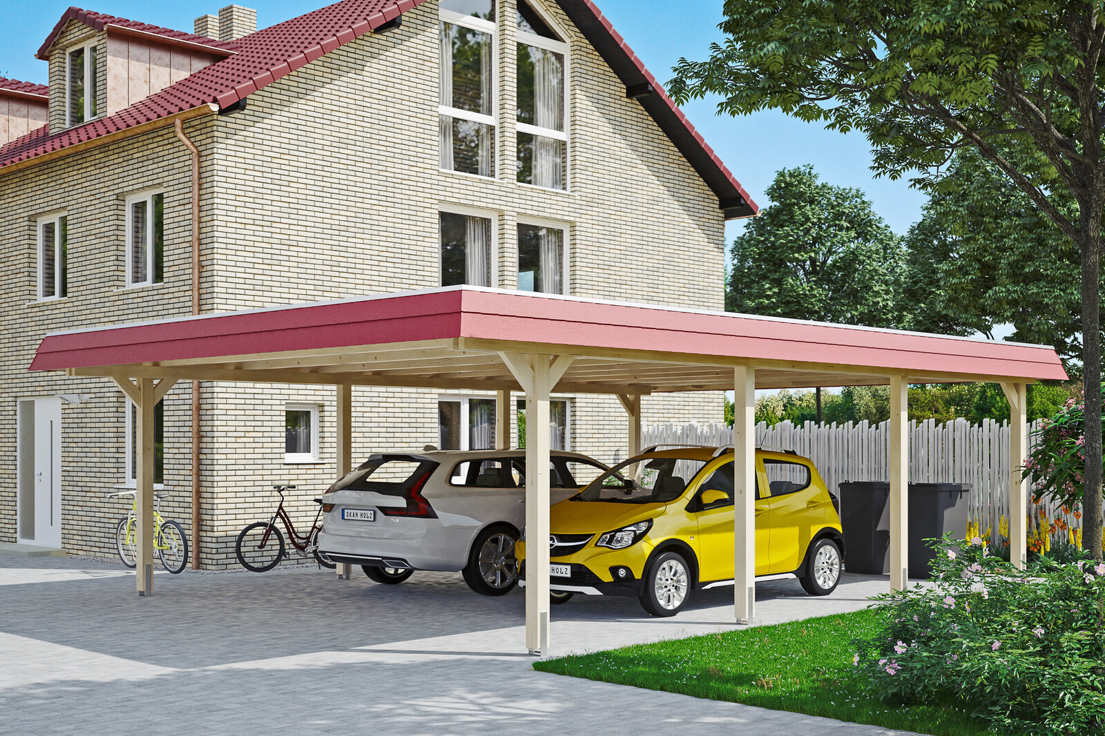 Carport WENDLAND 630x879cm, toit en aluminium, bandeau rouge, bois lamellé-collé, non traité