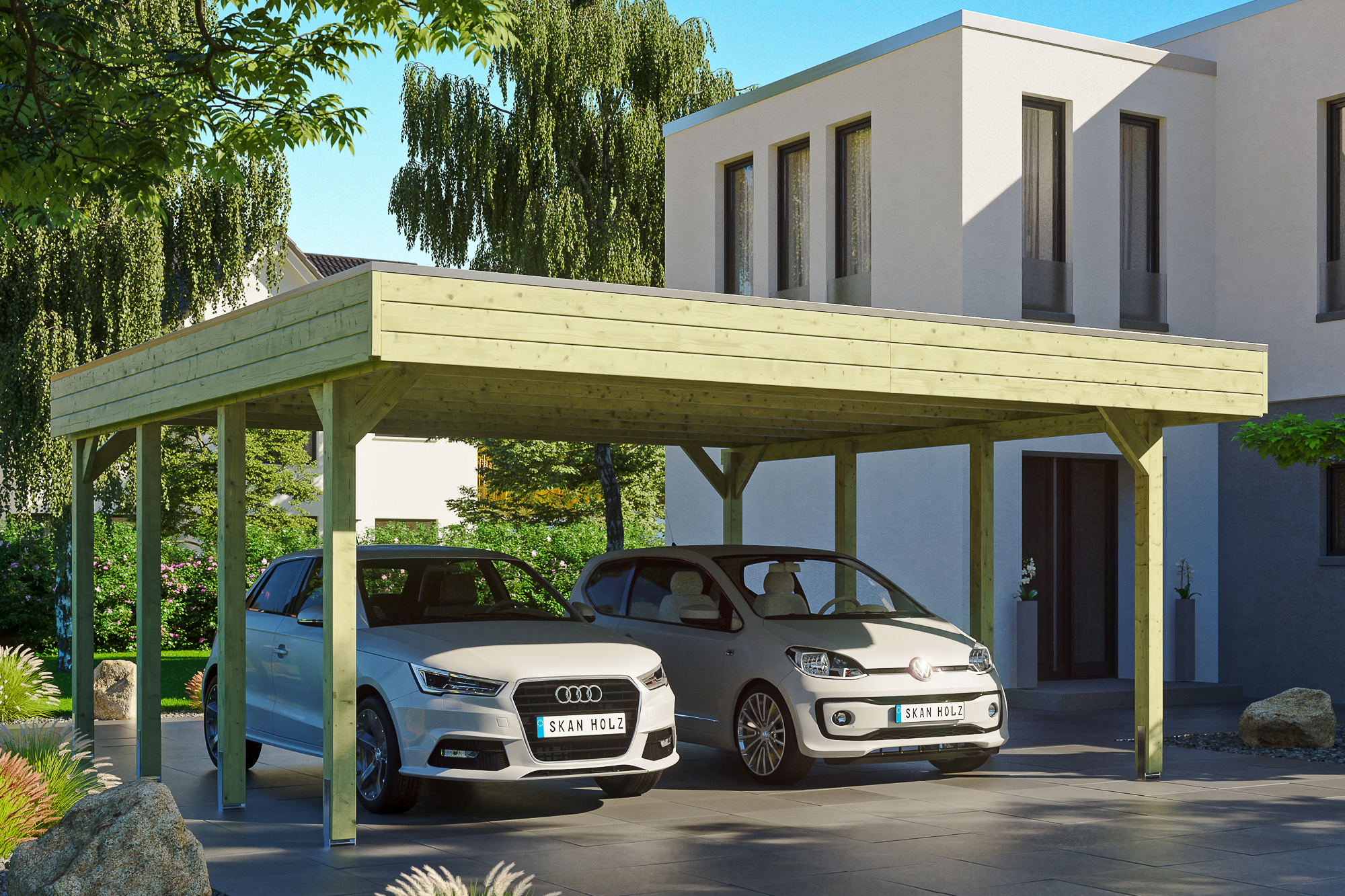 Carport Friesland 557 x 555 cm, groen geïmpregneerd, met dakbetimmering en EPDM-folie