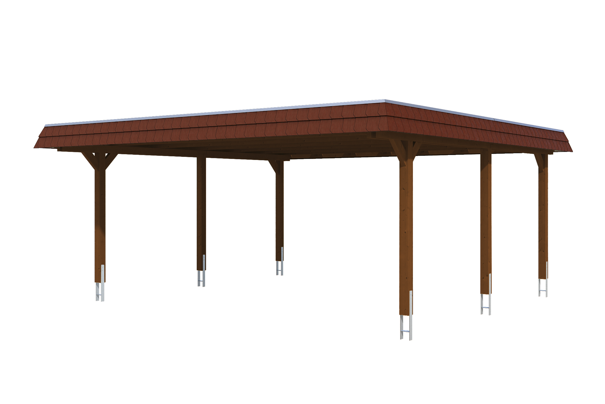 Produktbild: Carport Wendland 630 x 637 cm, mit roter Blende, farblich behandelt in nussbaum