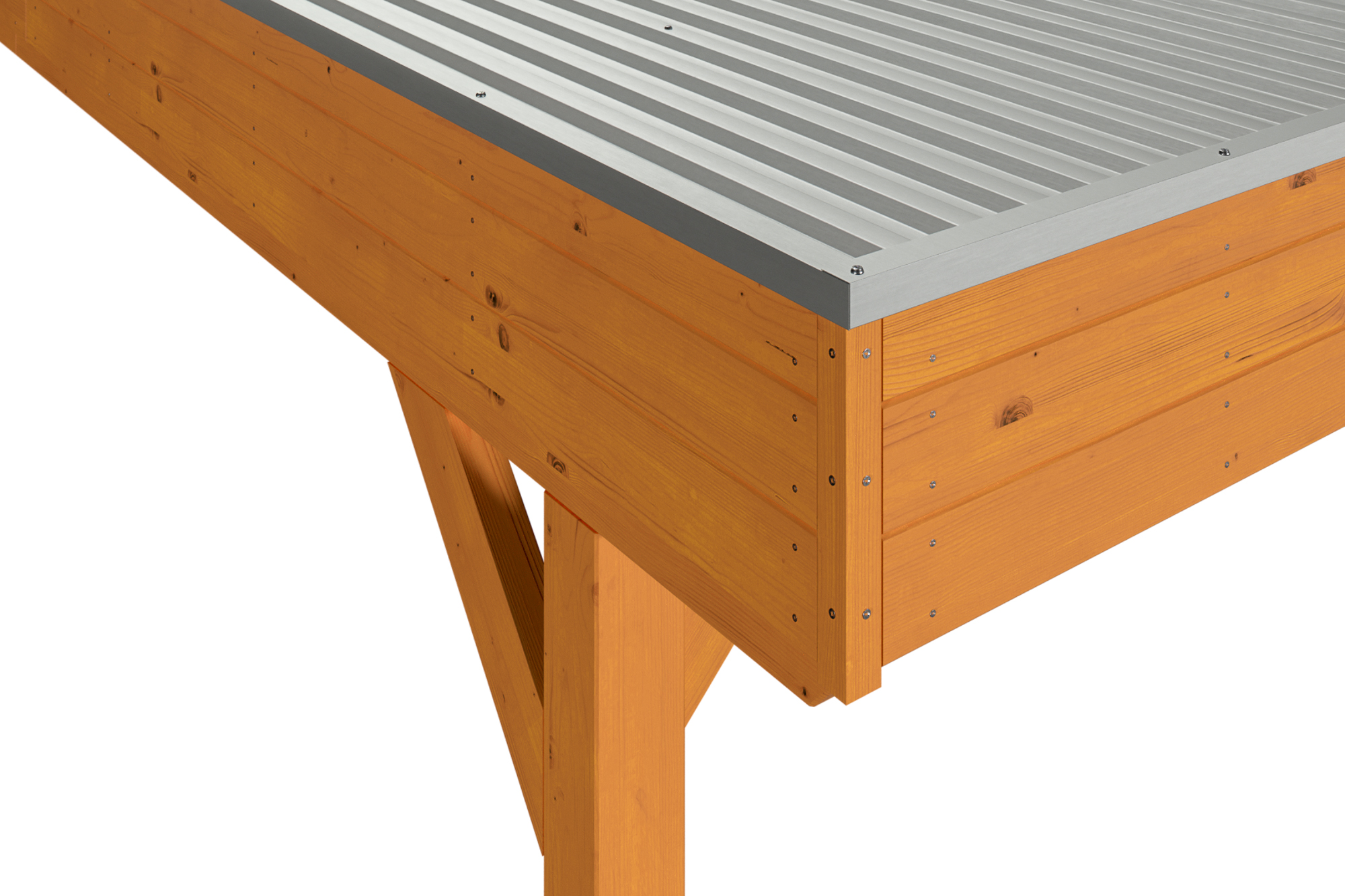 Detailbild: Aluminiumdachplatten und Dachblende beim Doppelcarport Grunewald, farblich behandelt in eiche hell