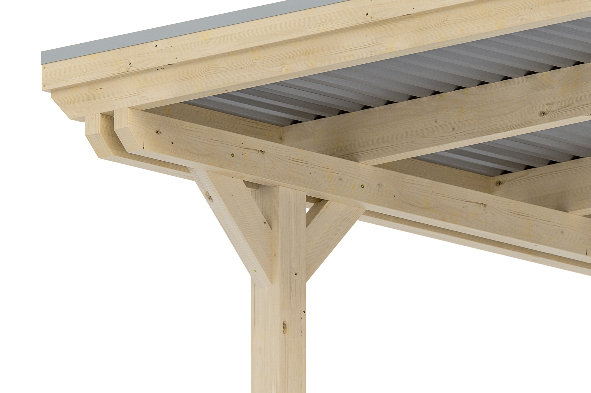 Detailbild: Konstruktion beim Carport Emsland von unten (Pfosten, Doppelpfette, Dachplatten und Blende mit Aluminiumabschlusskante)