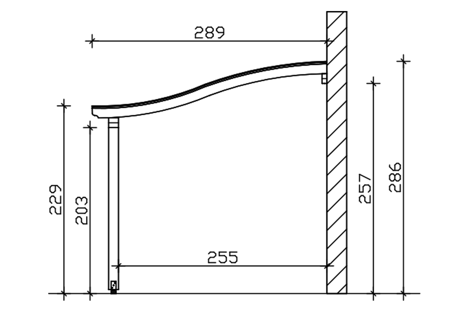 Grafik (Schnitt): Terrassenüberdachung Venezia, Tiefe 289 cm