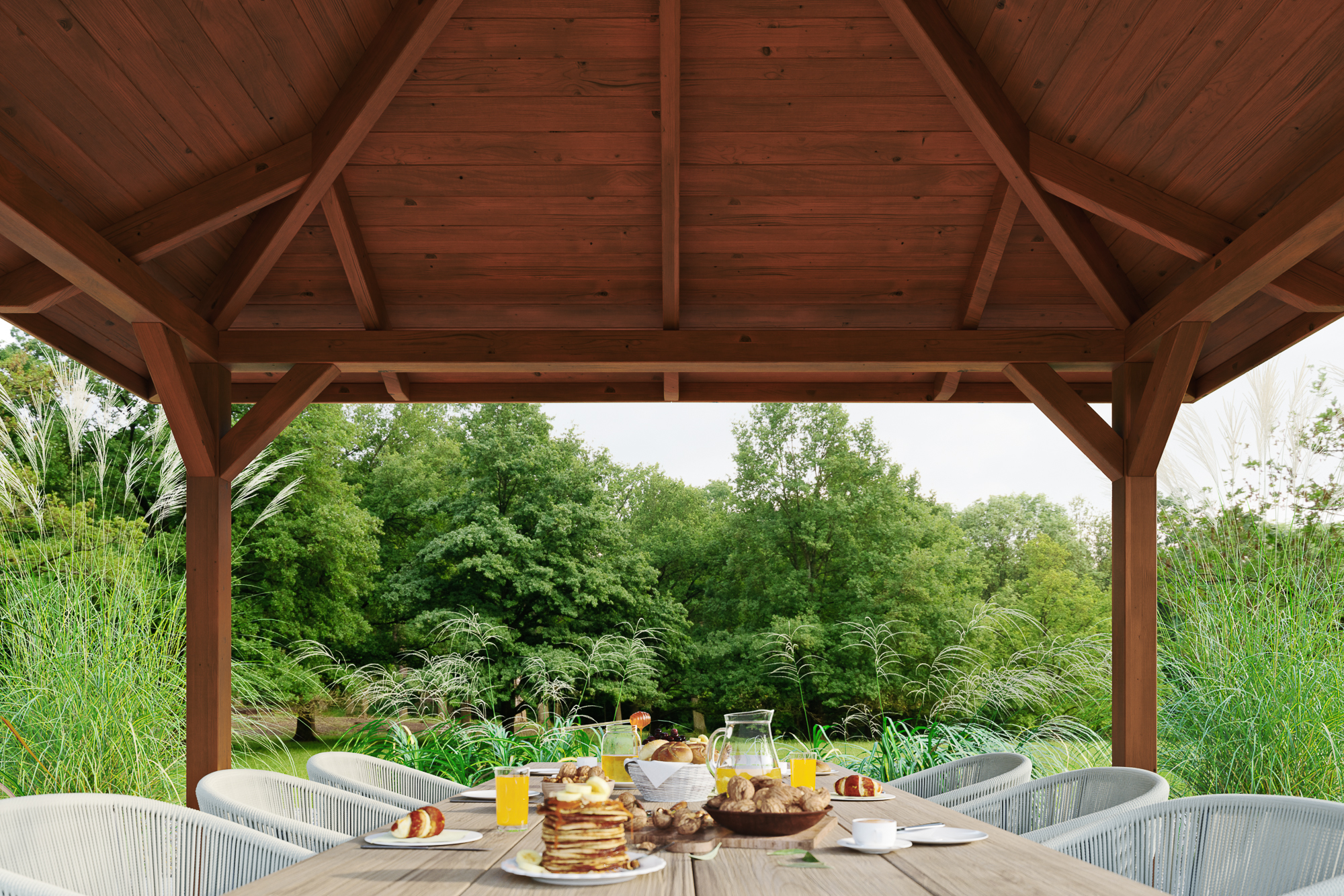 Detailbild: Innenansicht Pavillon Cannes 2, farblich behandelt in nussbaum