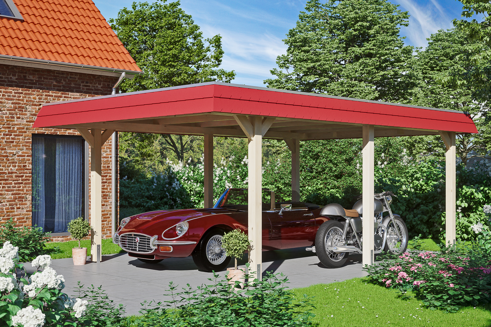 Ambientebild: Carport Wendland 409 x 628 cm, mit roter Blende