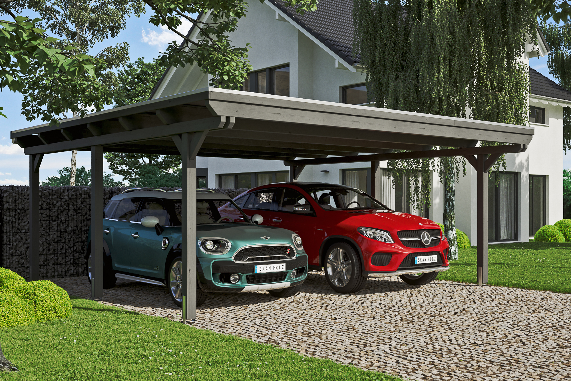 Ambientebild: Carport Emsland 613 x 604 cm, farblich behandelt in schiefergrau