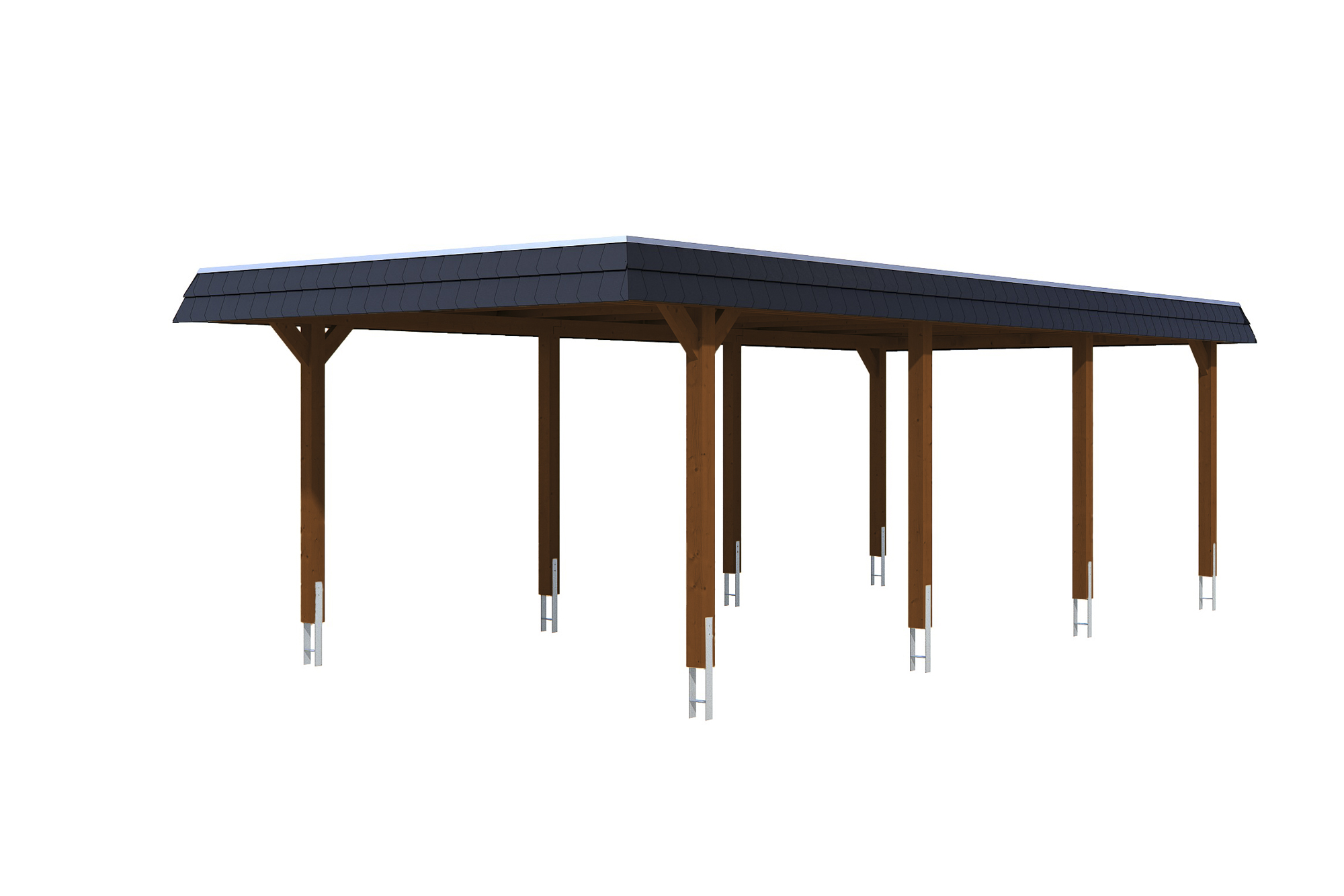 Carport Wendland 409 x 870 cm with aluminium roof, black fascia, colour pre-treated walnut