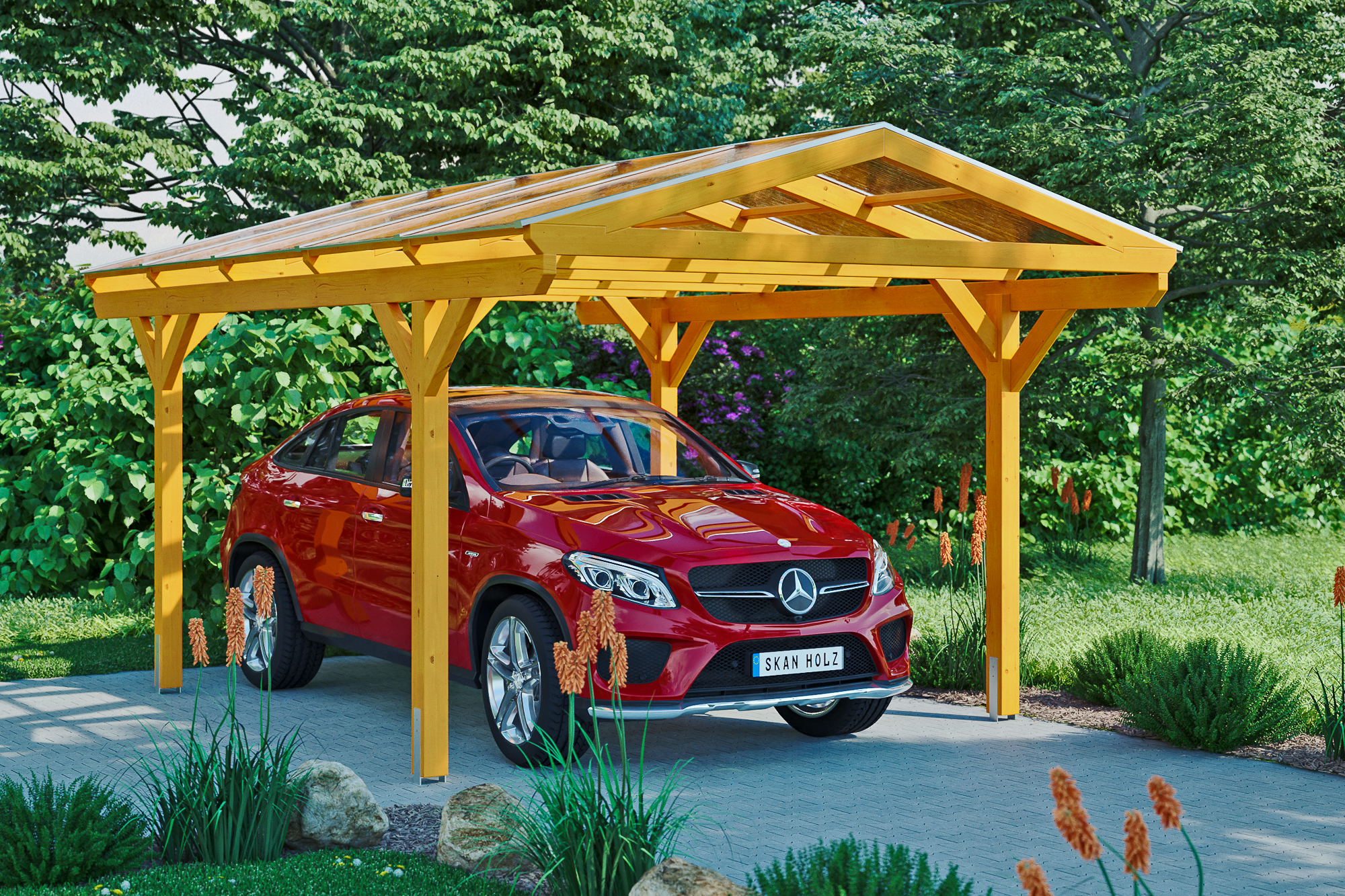 Ambientebild: Carport Westerwald 362 x 541 cm, farblich behandelt in eiche hell
