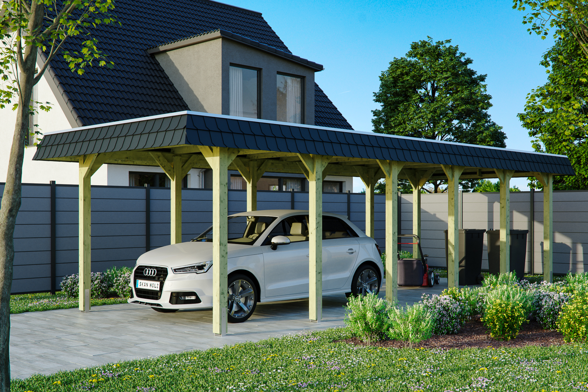 Ambientebild: Carport Spreewald 345 x 893 cm mit schwarzer Blende, grün imprgniert